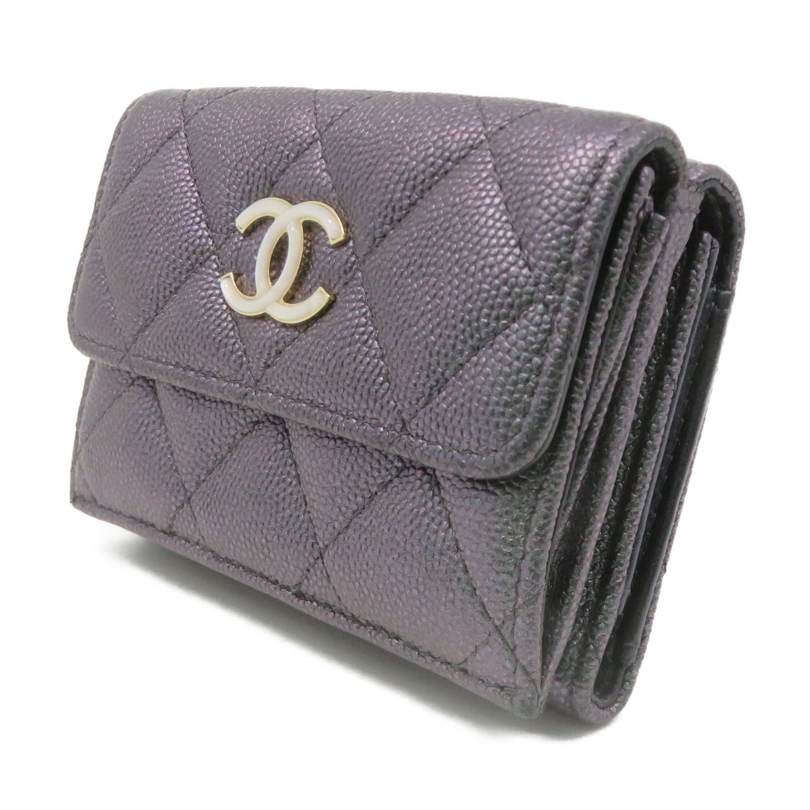 CHANEL 菱格Caviar皮革Small Wallet銀扣短錢包銀紫色