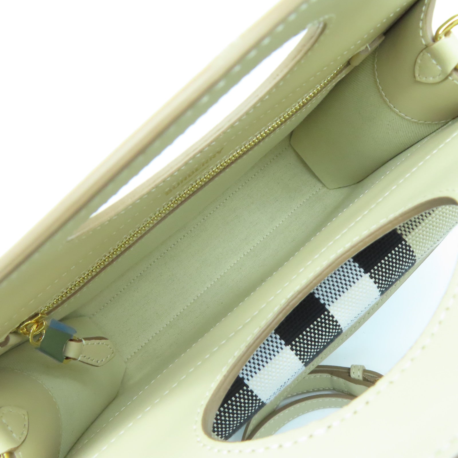 BURBERRY 牛皮皮革/帆布Mini Check金扣手挽肩背兩用袋米色