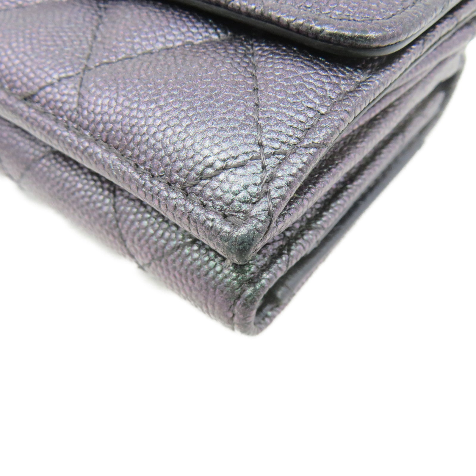 CHANEL 菱格Caviar皮革Small Wallet銀扣短錢包銀紫色