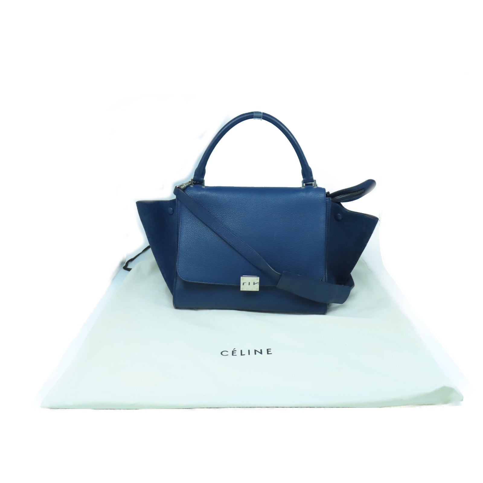 CELINE 牛皮皮革Trapeze銀扣手挽肩背兩用袋藍色