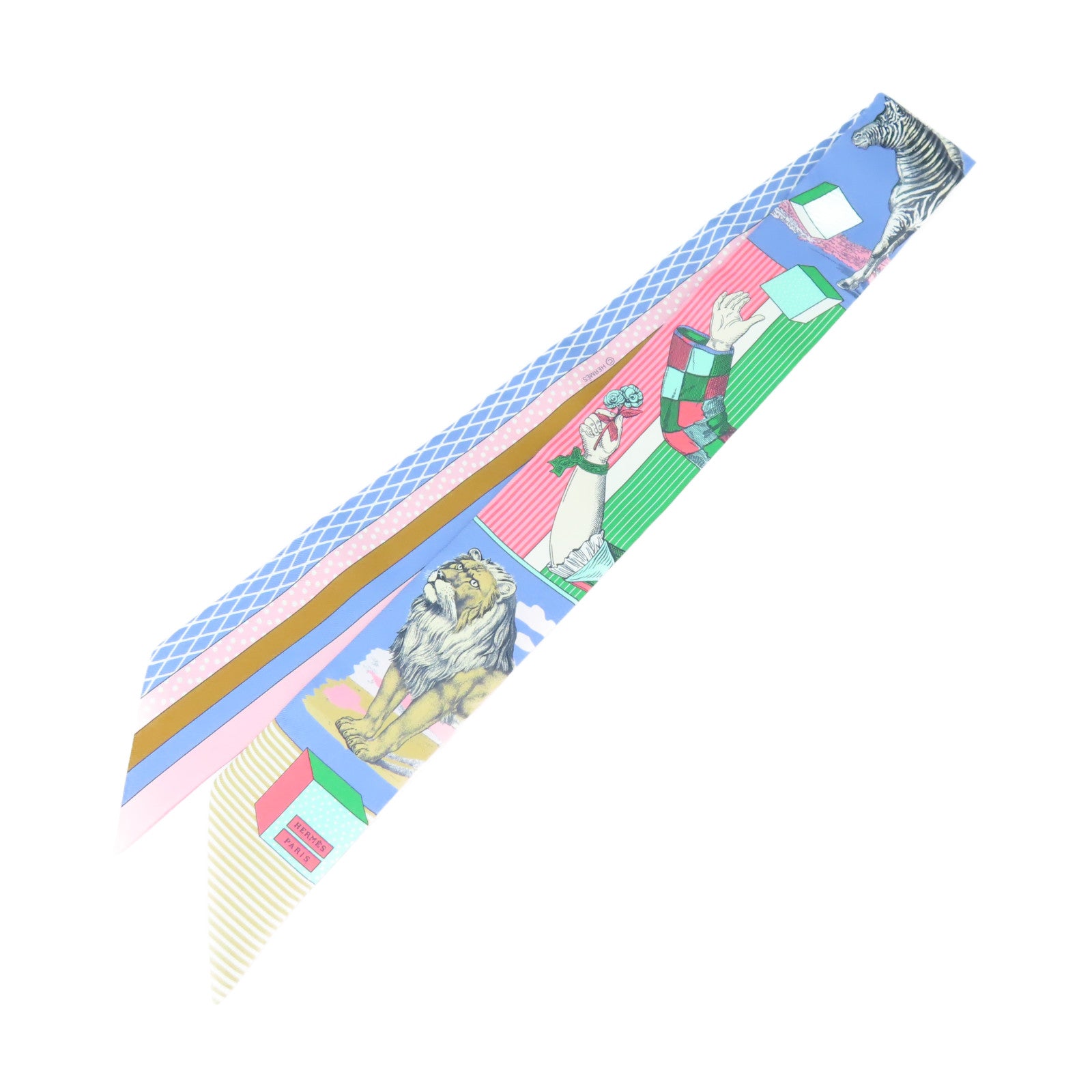 HERMES 絲質Twilly絲巾淺藍色/粉紅色