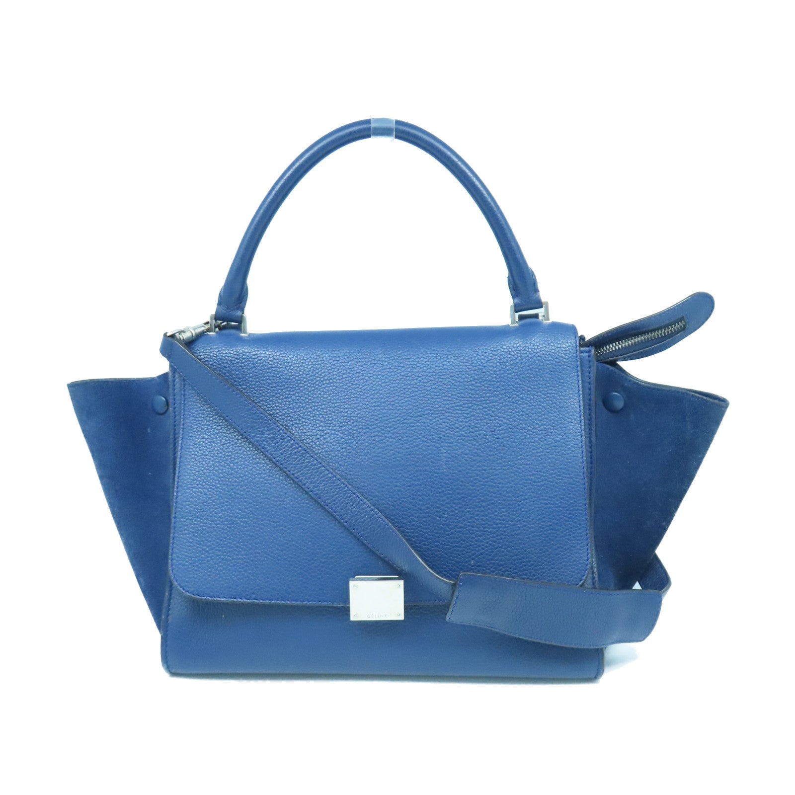CELINE 牛皮皮革Trapeze銀扣手挽肩背兩用袋藍色