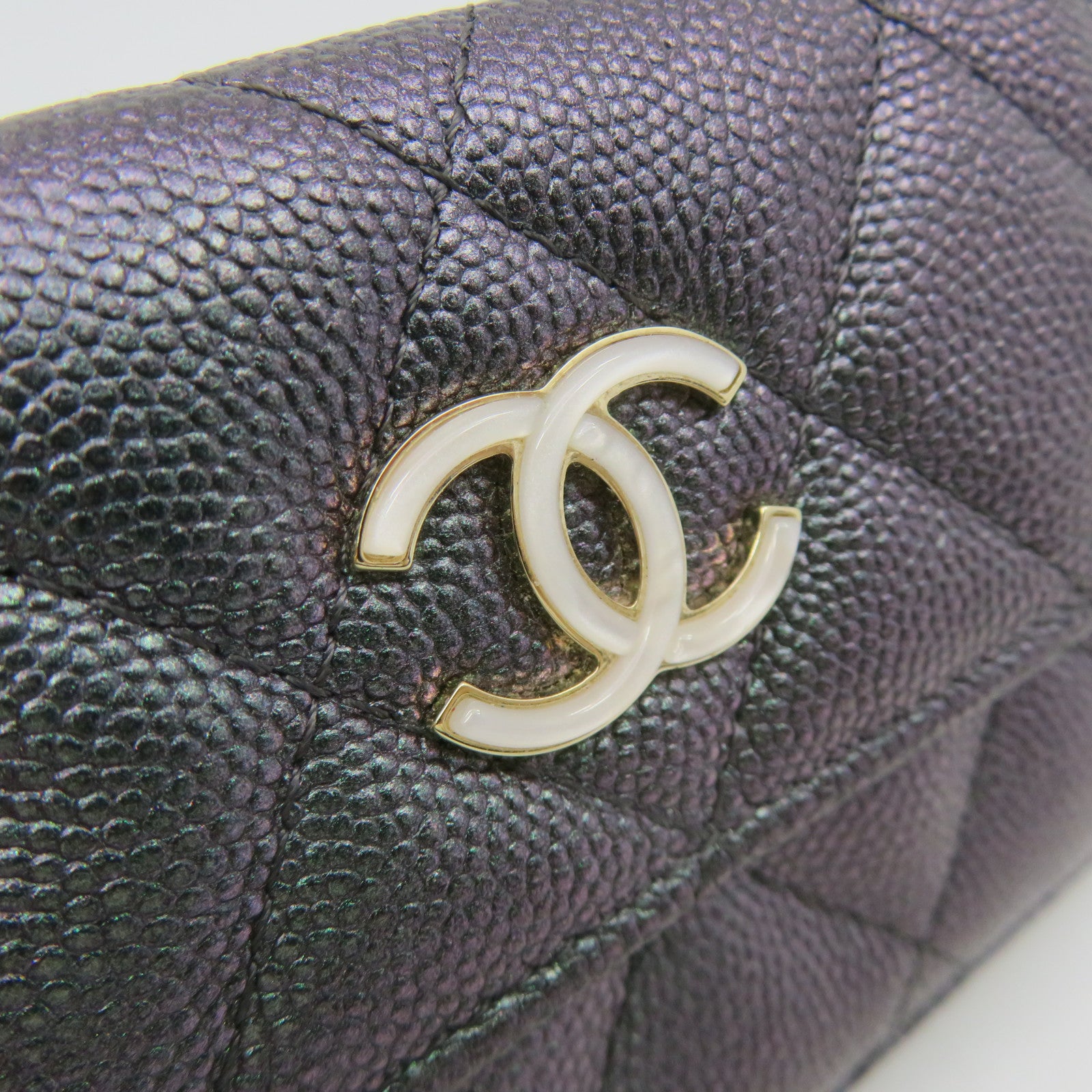CHANEL 菱格Caviar皮革Small Wallet銀扣短錢包銀紫色