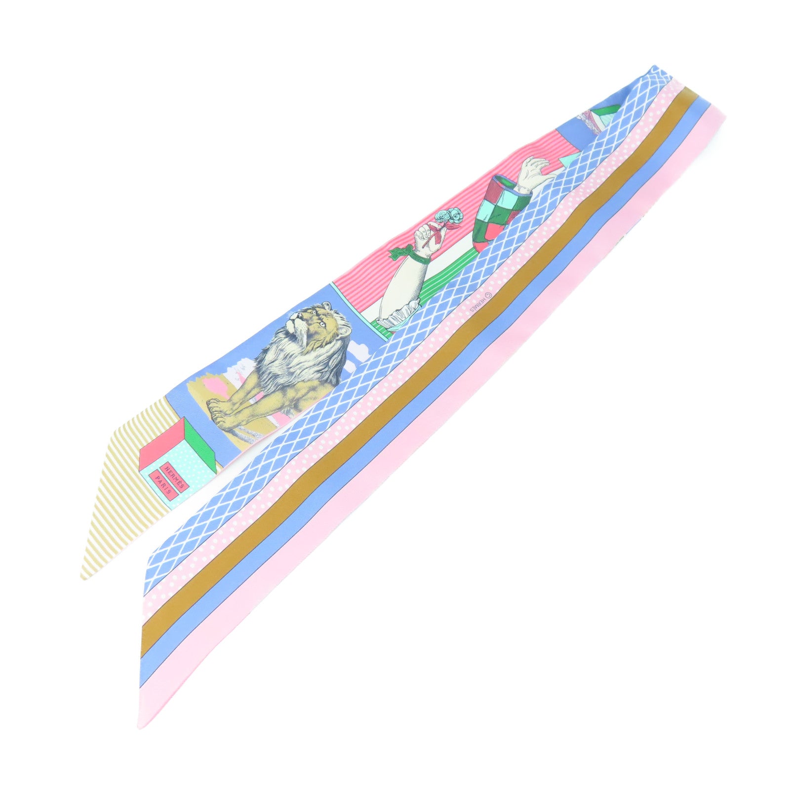 HERMES 絲質Twilly絲巾淺藍色/粉紅色