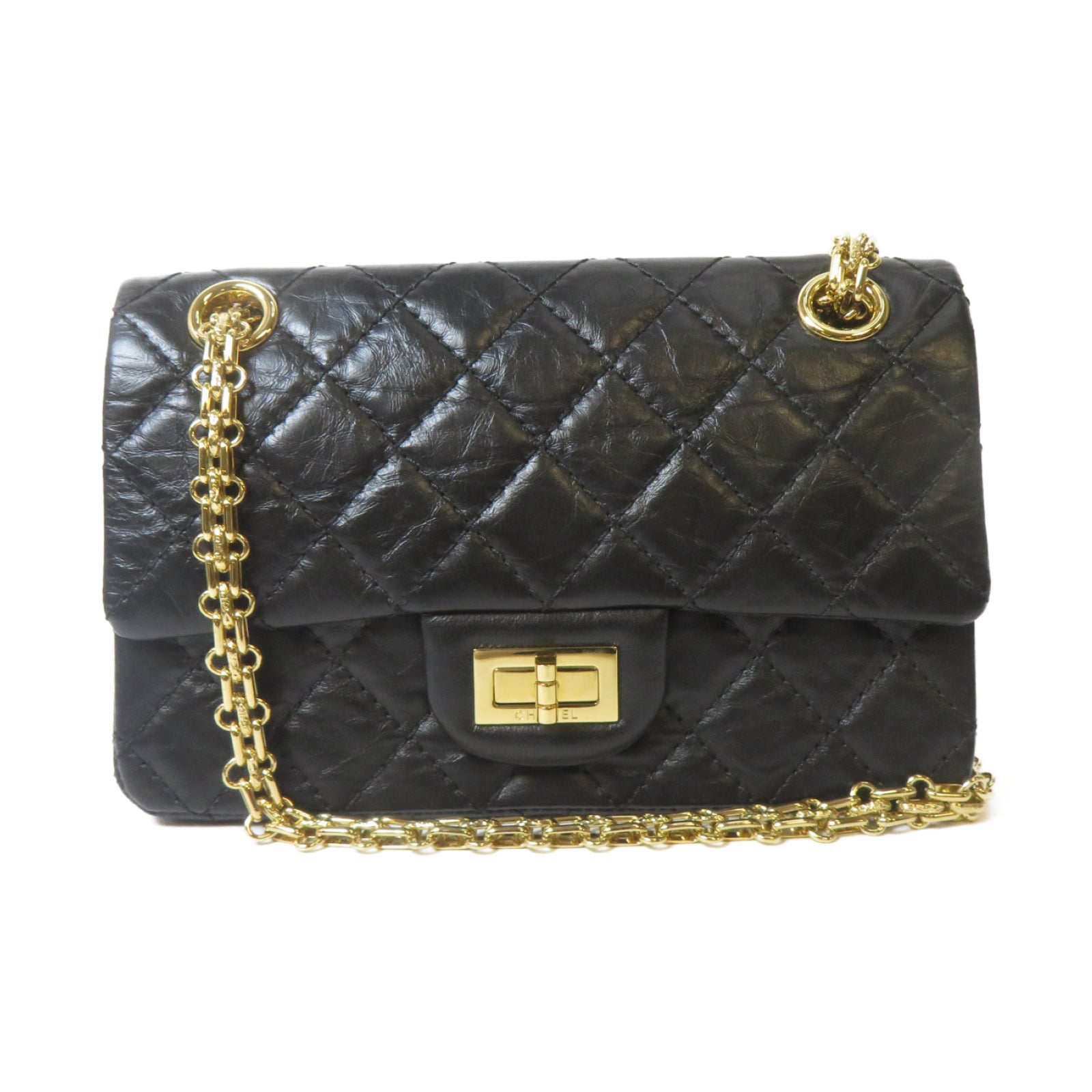 CHANEL 菱格牛皮皮革2.55 Mini金扣鏈帶肩背袋黑色