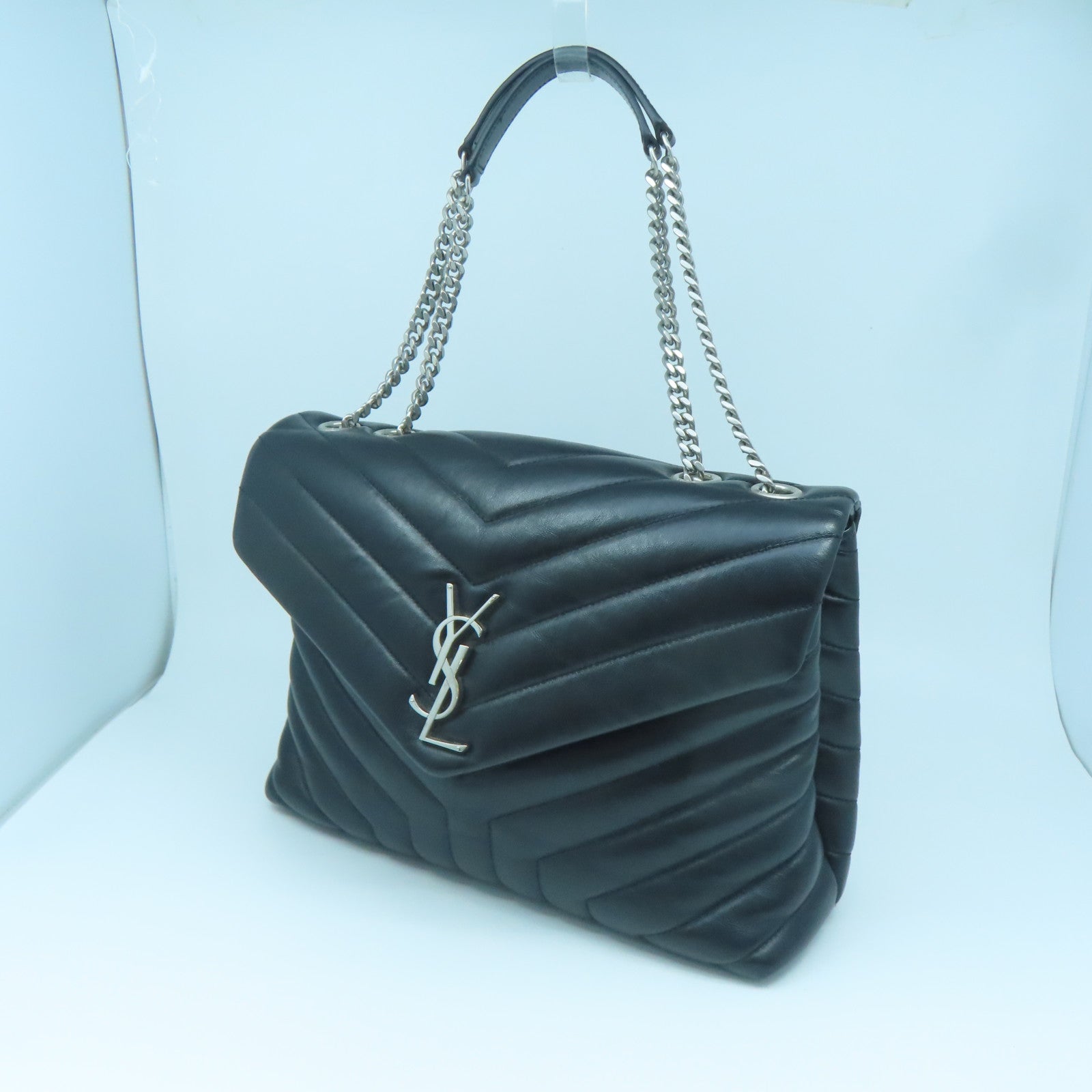 SAINT LAURENT Leather Shoulder Bag Silver Buckle Chain Shoulder Bag Black