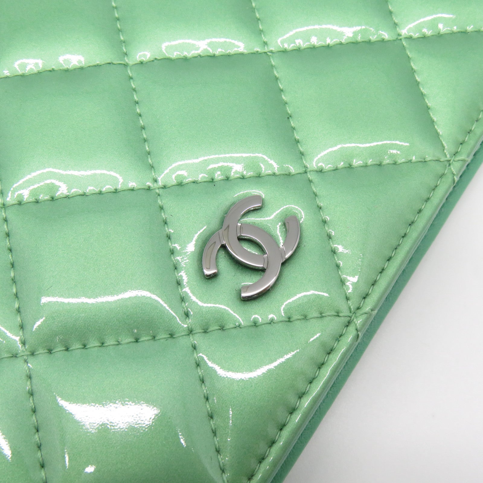 CHANEL 菱格漆皮皮革Long Wallet銀扣長錢包綠色