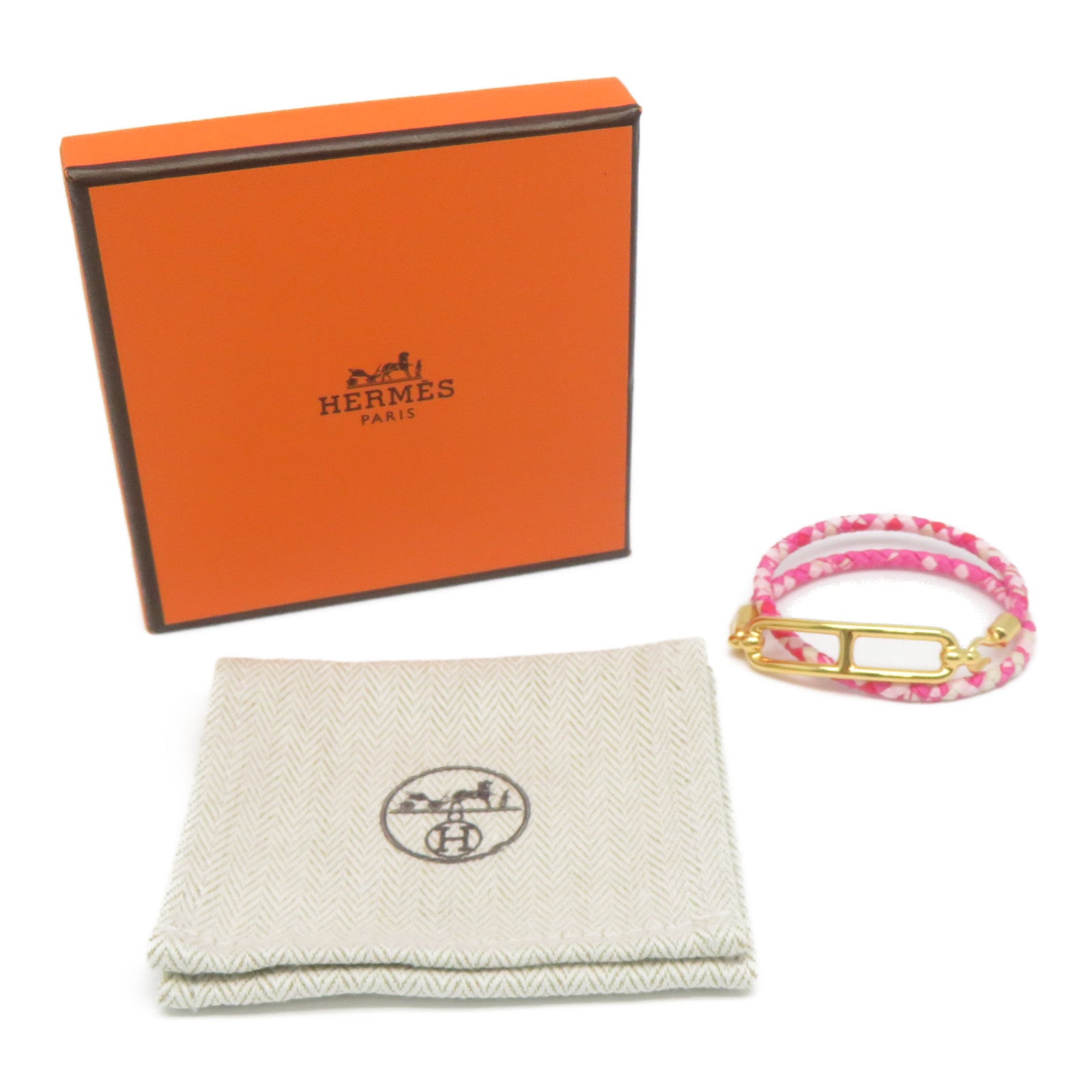 HERMES 印花絲綢/金屬Roulis Double Tour Bracelet金扣手鐲粉紅色