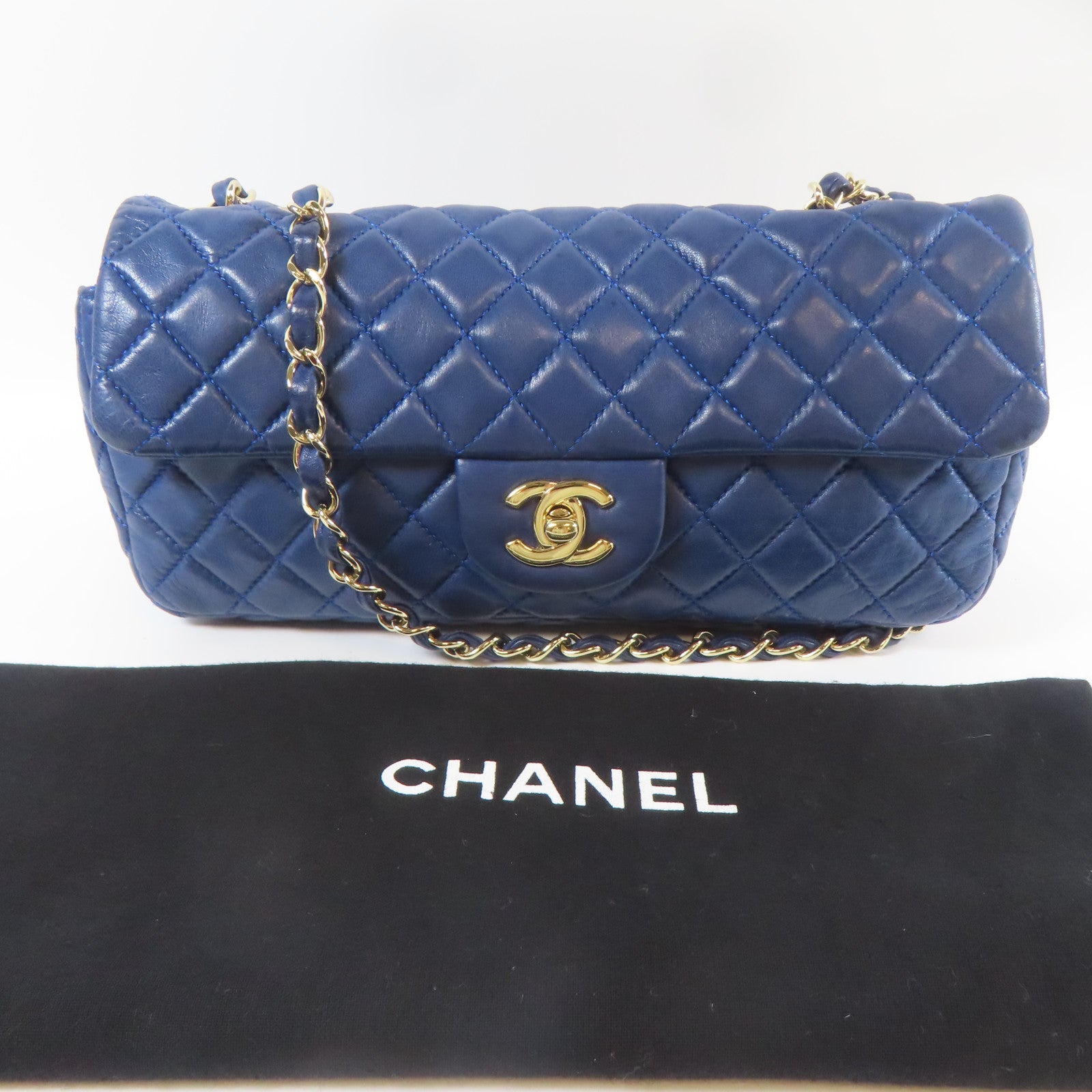 CHANEL 菱格羊皮皮革Chain Shoulder銀扣鏈帶肩背袋藍色