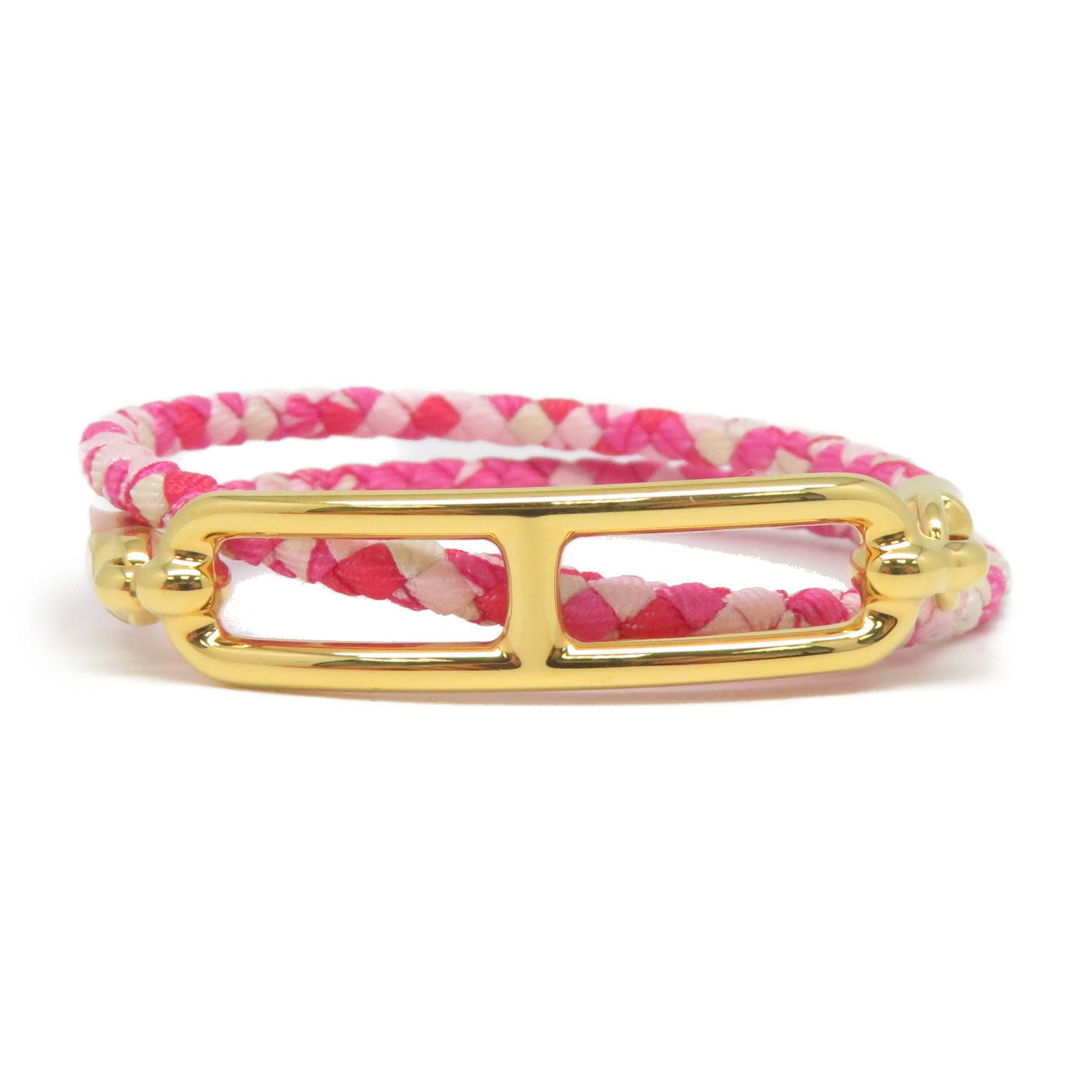 HERMES 印花絲綢/金屬Roulis Double Tour Bracelet金扣手鐲粉紅色