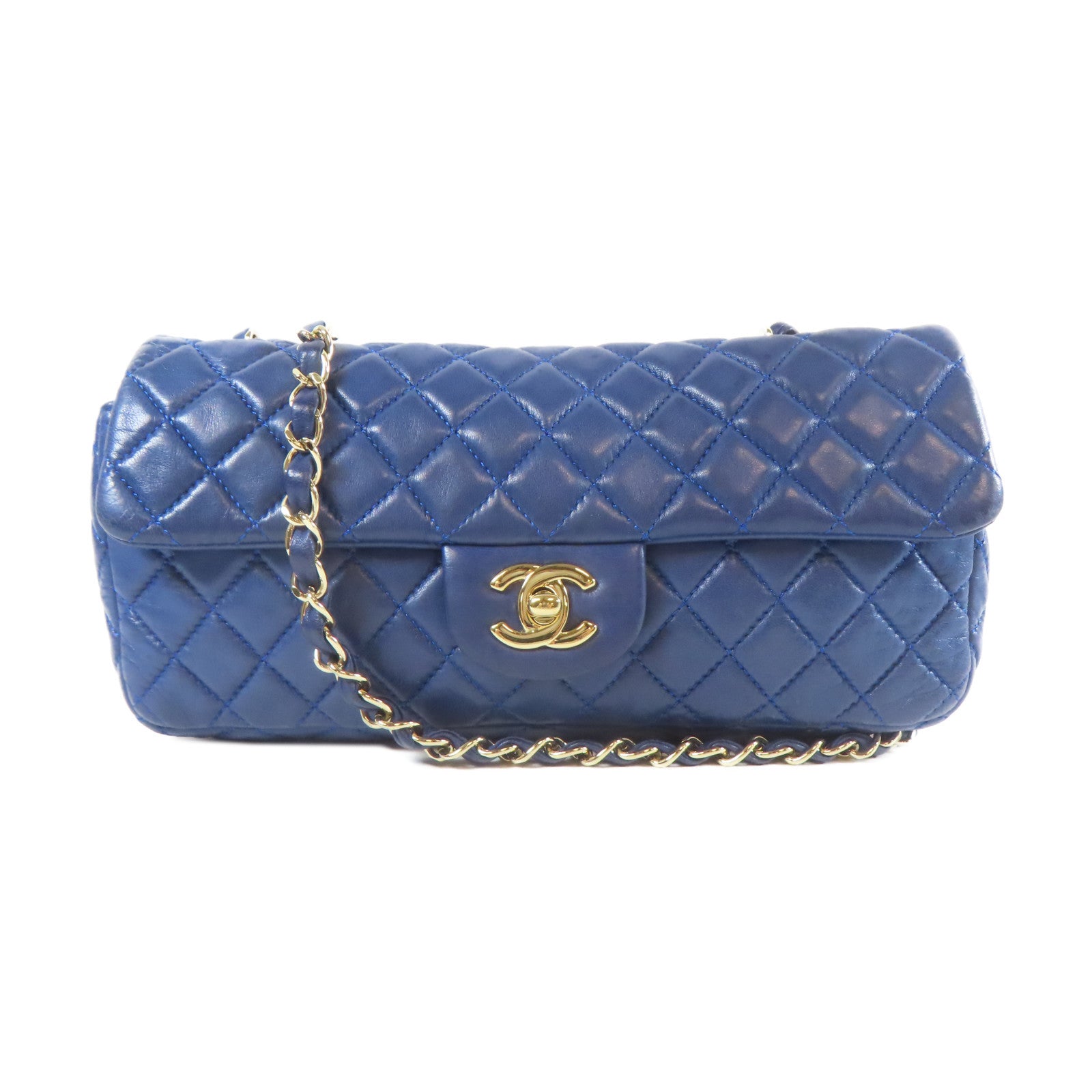 CHANEL 菱格羊皮皮革Chain Shoulder銀扣鏈帶肩背袋藍色