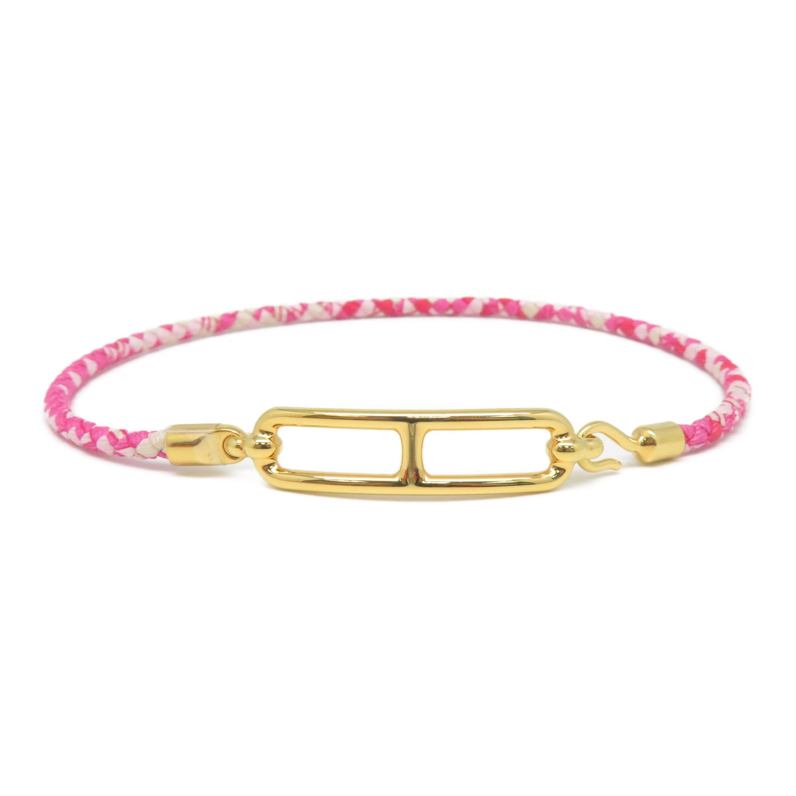 HERMES 印花絲綢/金屬Roulis Double Tour Bracelet金扣手鐲粉紅色