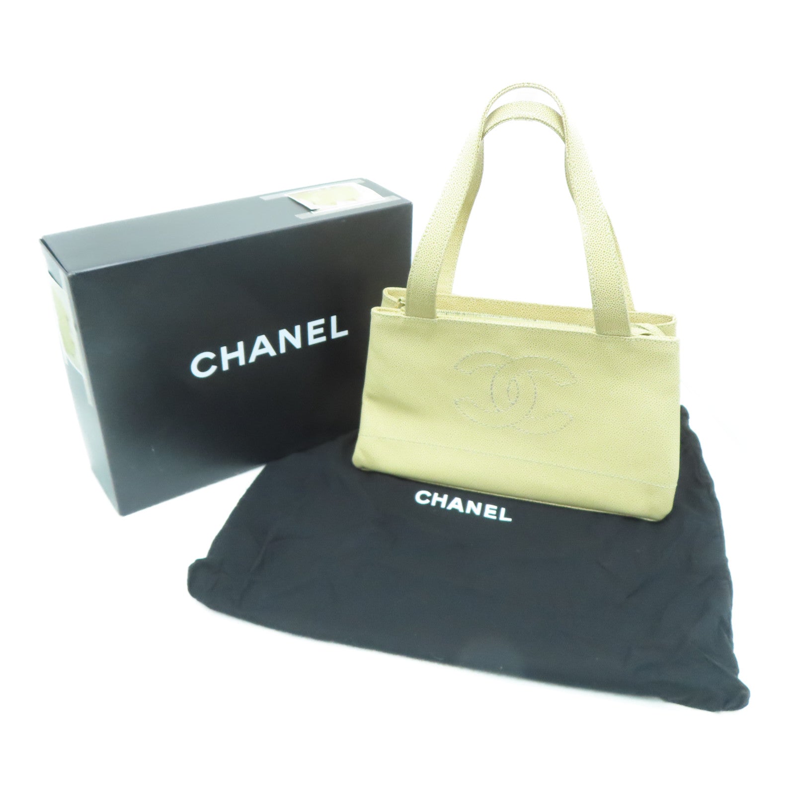 CHANEL 【激减优惠】Caviar皮革Shoulder Bag金扣肩背袋米色