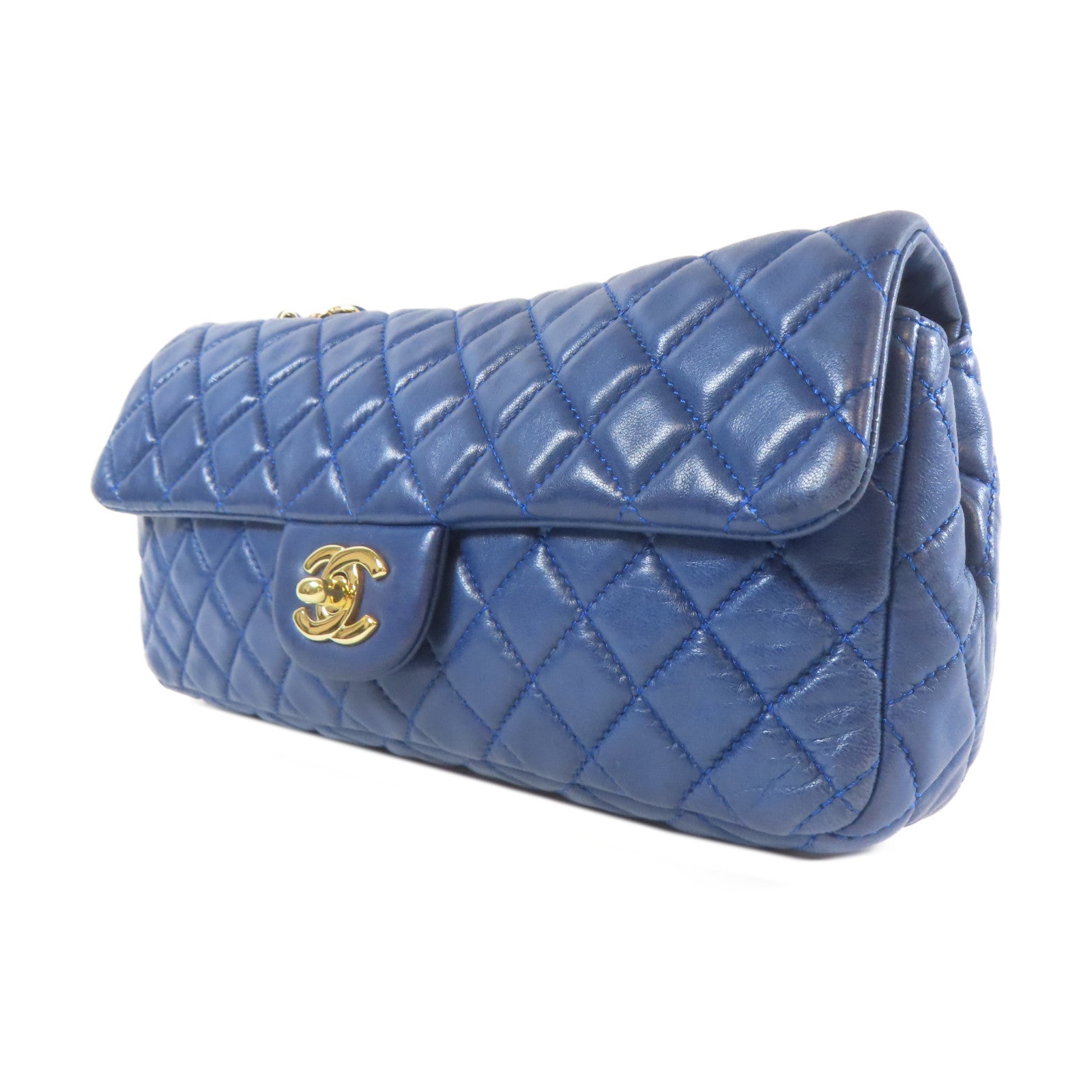 CHANEL 菱格羊皮皮革Chain Shoulder銀扣鏈帶肩背袋藍色