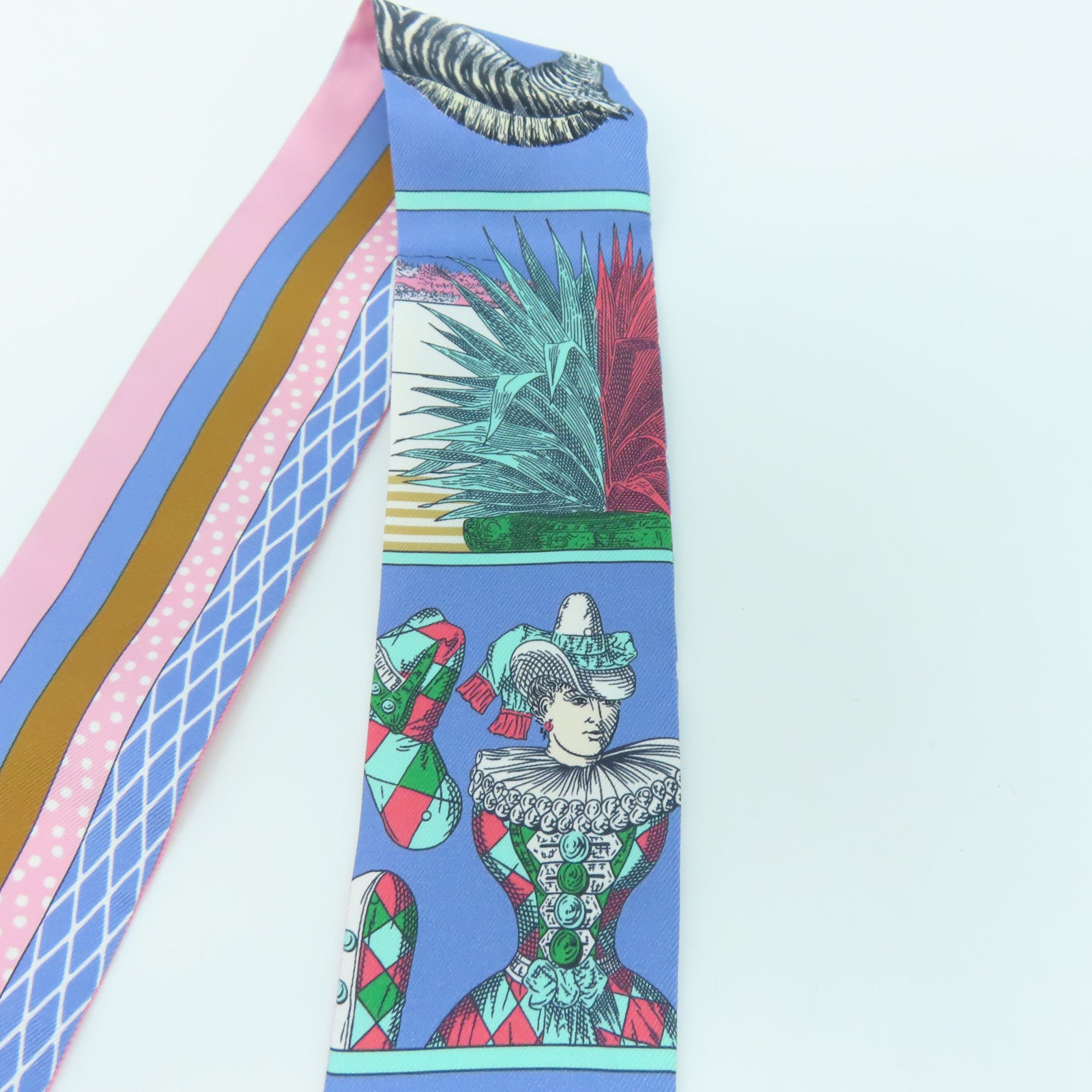 HERMES 絲質Twilly絲巾淺藍色/粉紅色