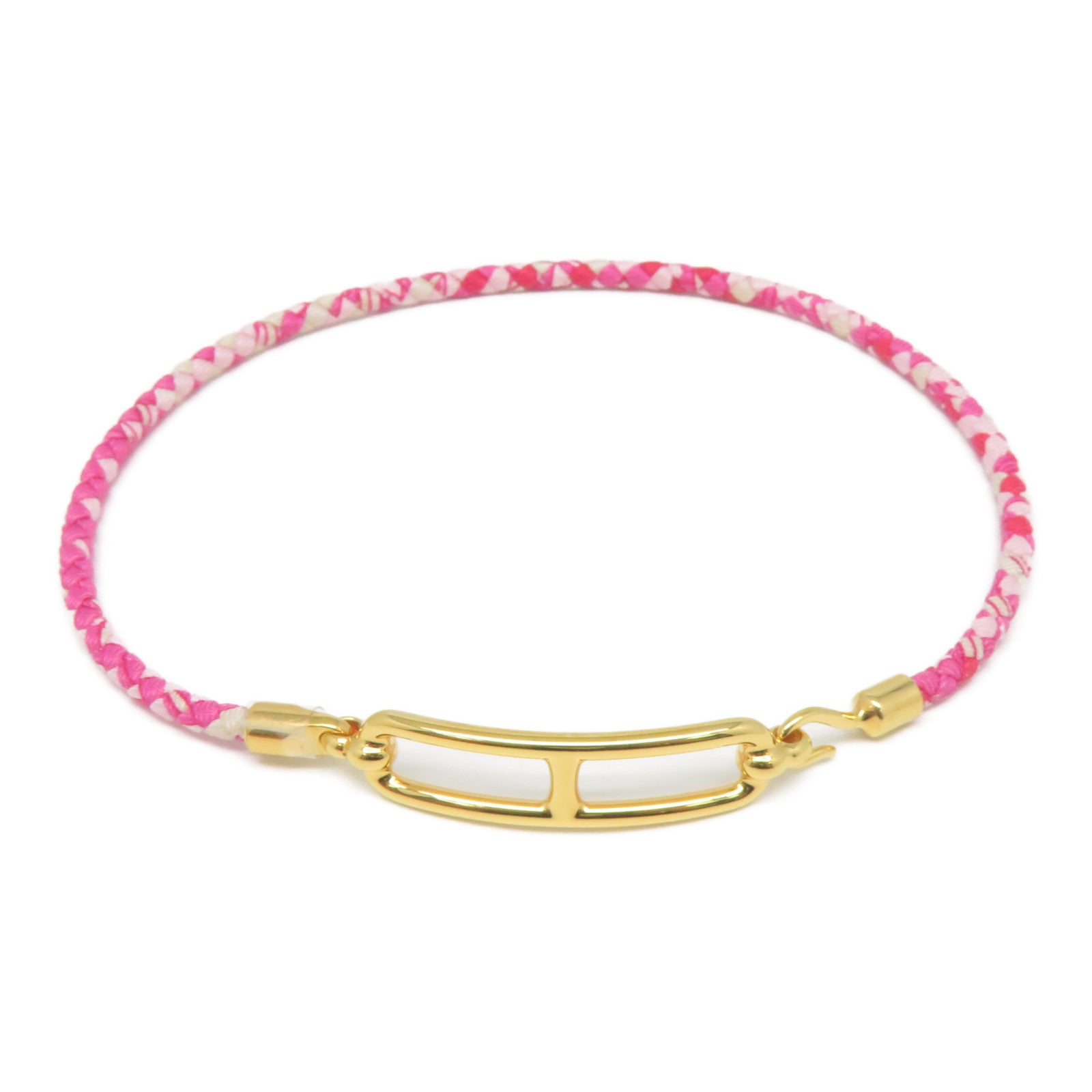 HERMES 印花絲綢/金屬Roulis Double Tour Bracelet金扣手鐲粉紅色