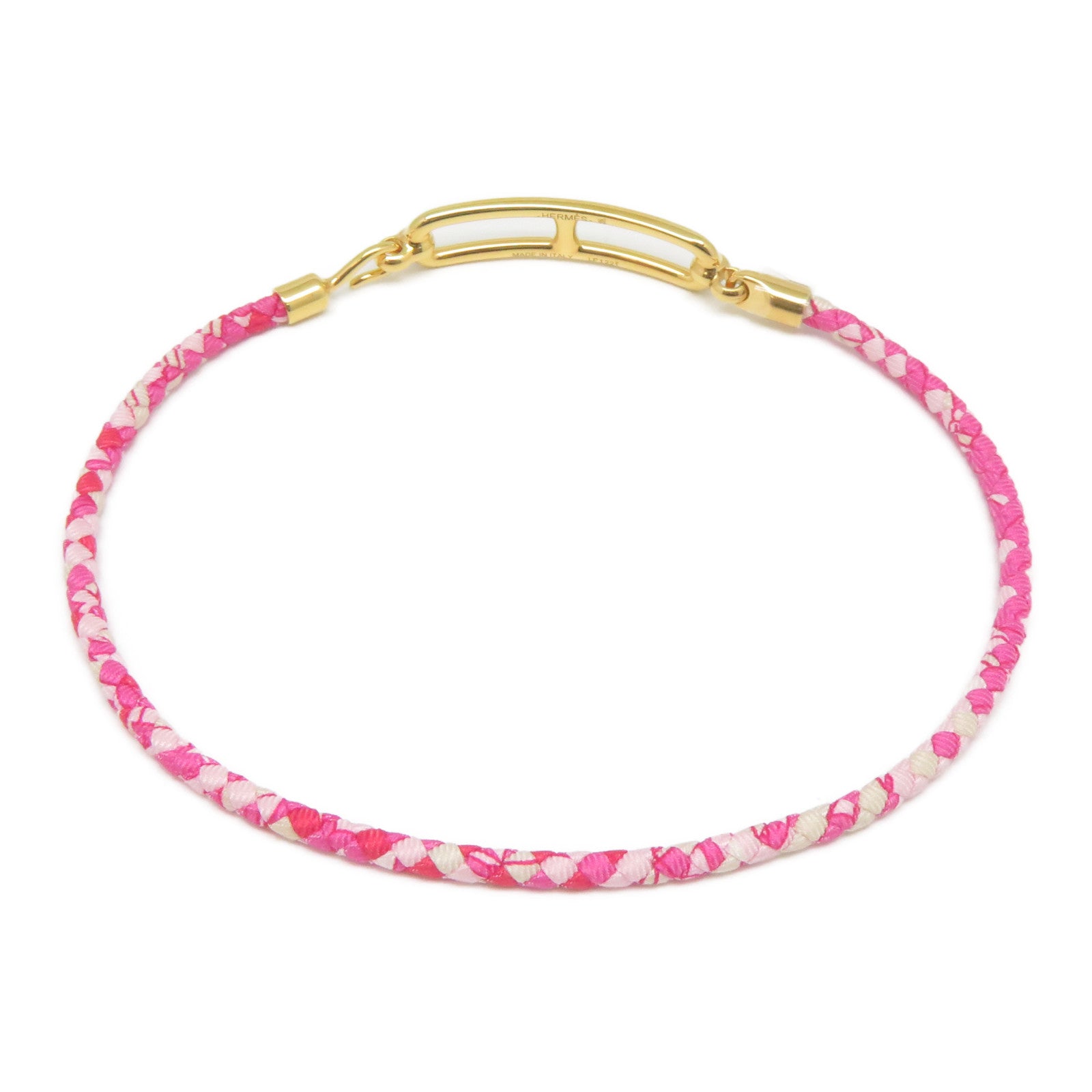 HERMES 印花絲綢/金屬Roulis Double Tour Bracelet金扣手鐲粉紅色