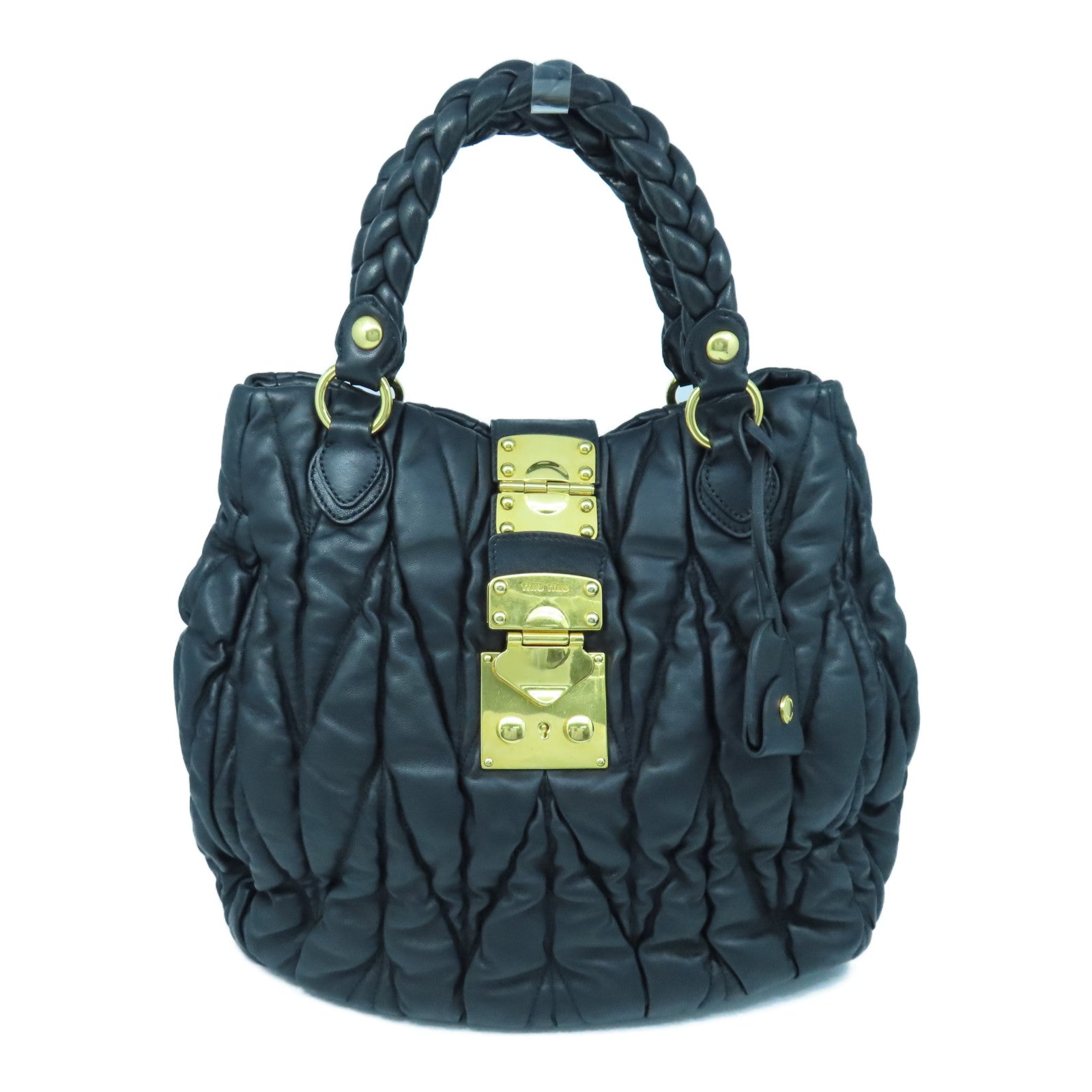 Miu Miu sheepskin leather Tote Bag gold buckle handle bag black