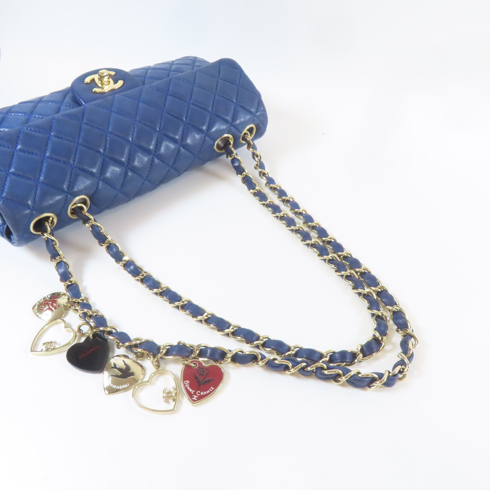 CHANEL 菱格羊皮皮革Chain Shoulder銀扣鏈帶肩背袋藍色