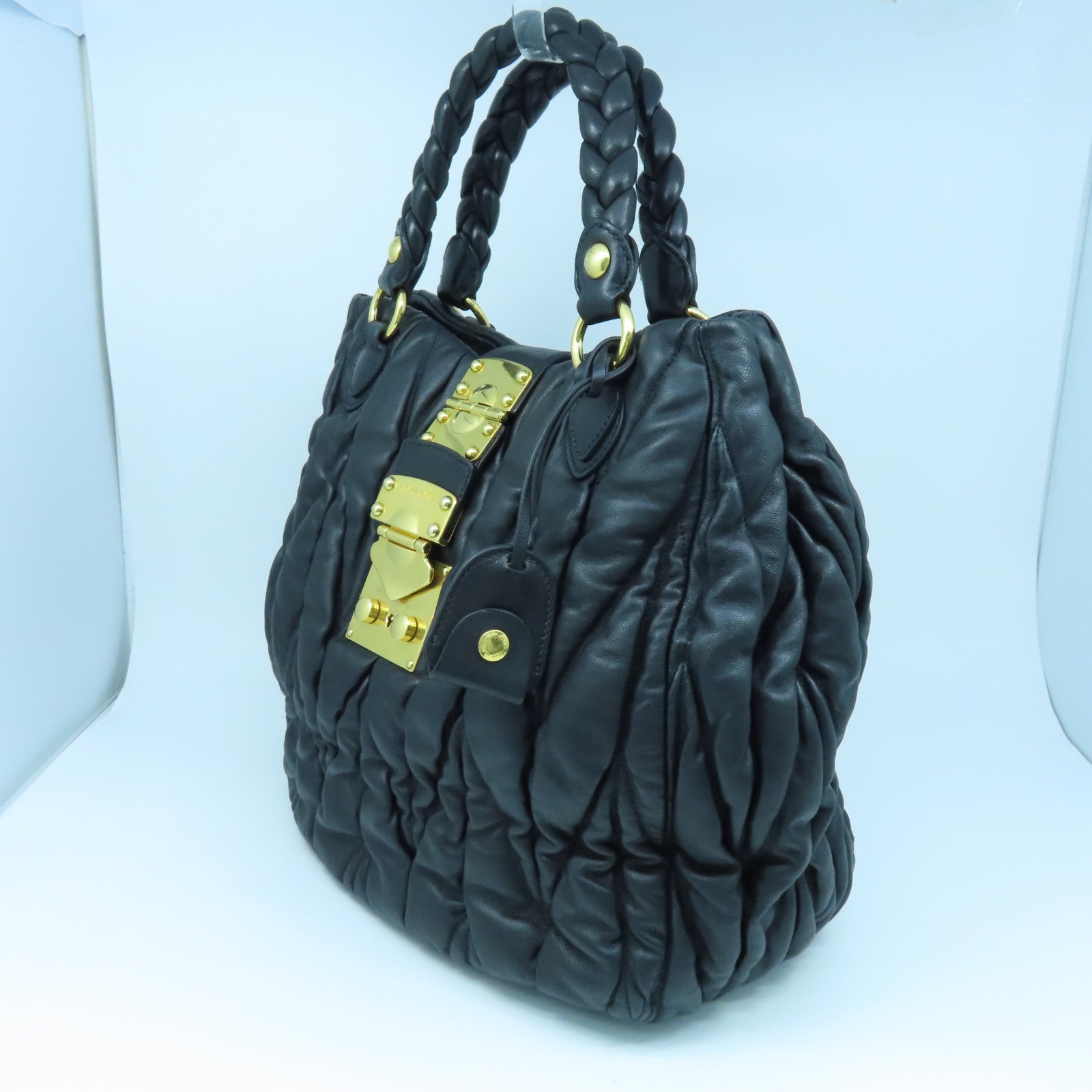 Miu Miu sheepskin leather Tote Bag gold buckle handle bag black