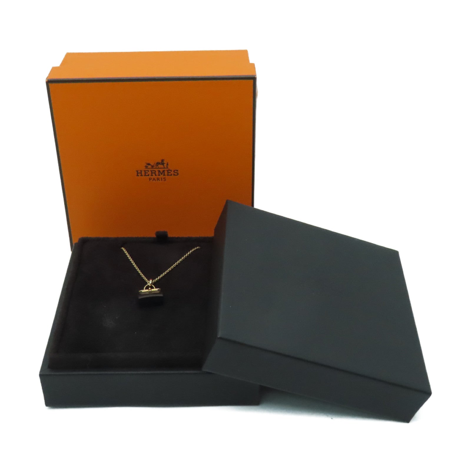 HERMES 18K玫瑰金Amulette Kelly Pendant項鏈黑色