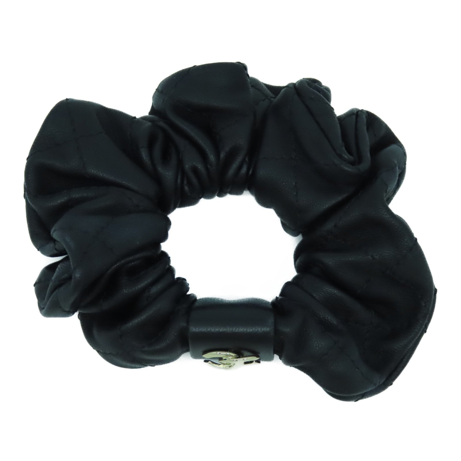 CHANEL 菱格皮革Hair Tie金扣髮圈黑色