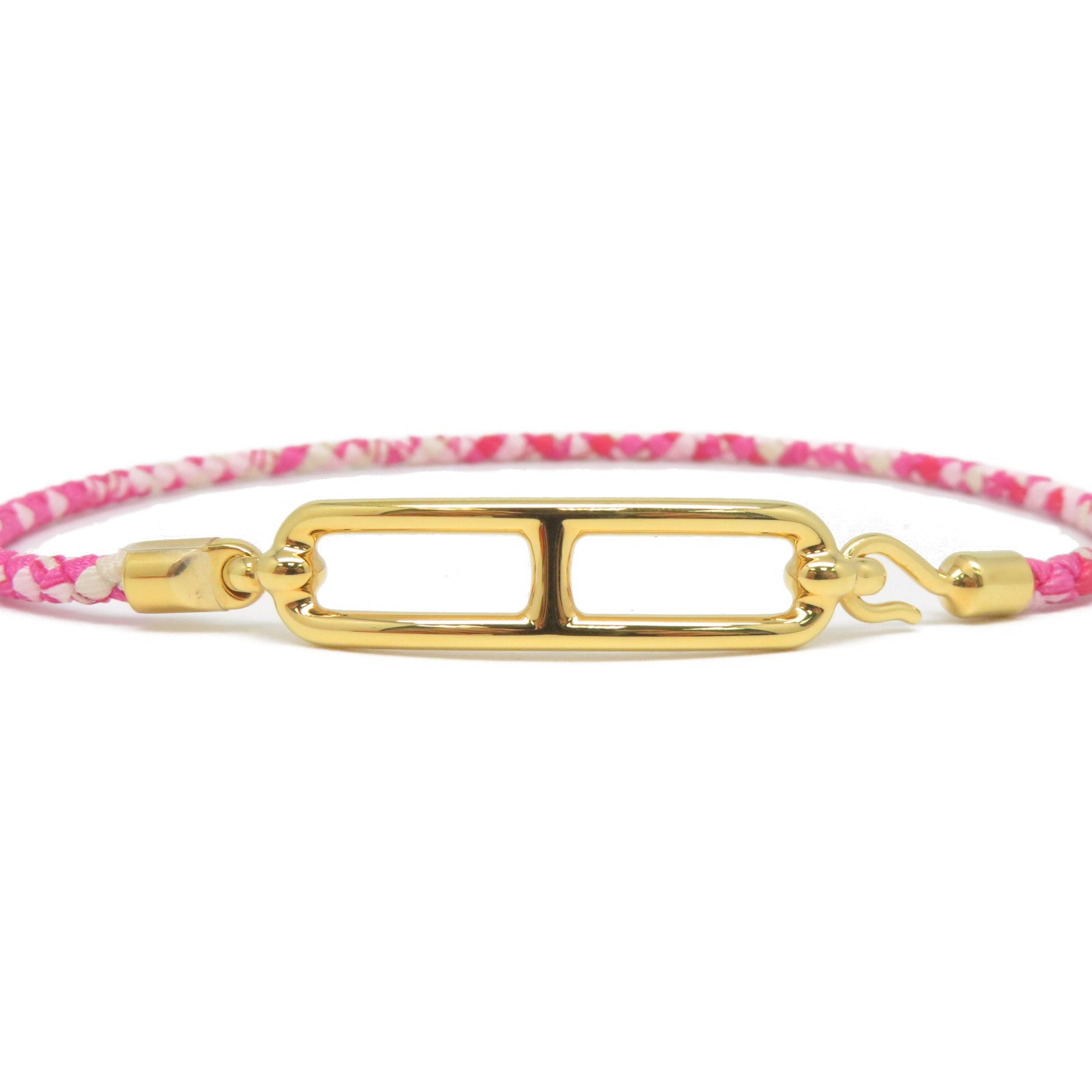 HERMES 印花絲綢/金屬Roulis Double Tour Bracelet金扣手鐲粉紅色