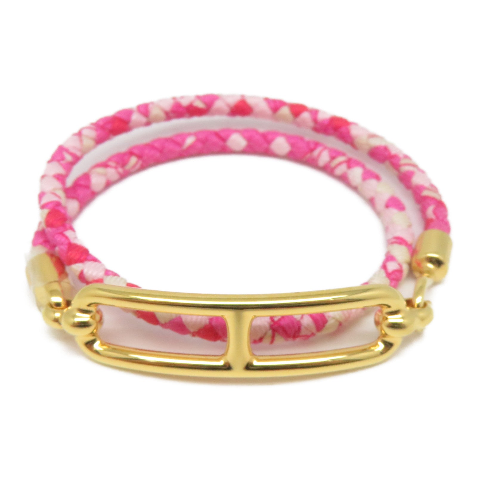 HERMES 印花絲綢/金屬Roulis Double Tour Bracelet金扣手鐲粉紅色