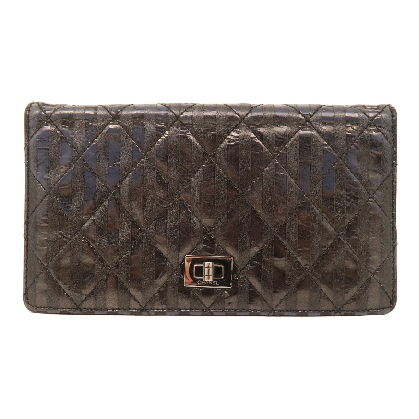 CHANEL rhombic cowhide leather 2.55 Long Wallet silver buckle long wallet black