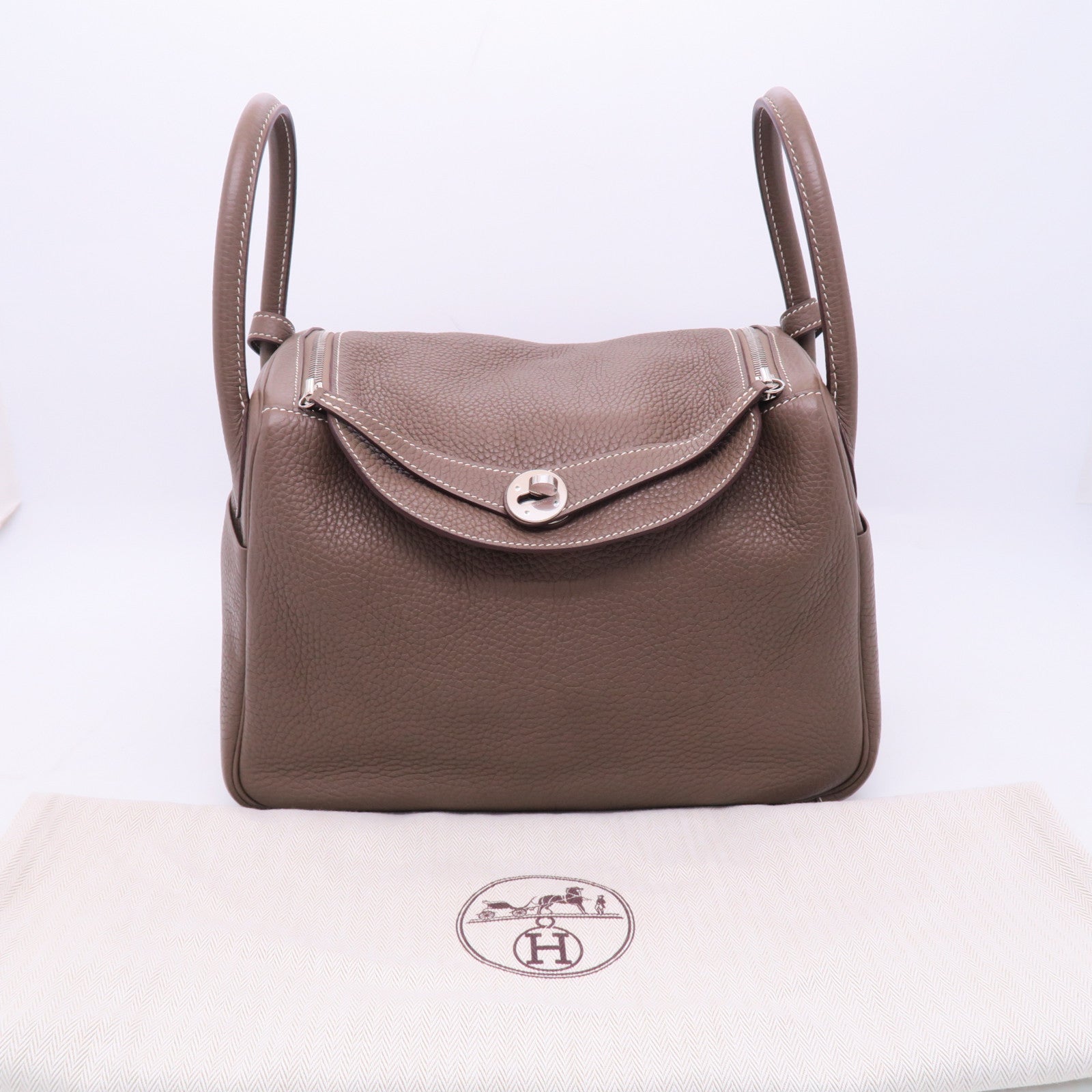 HERMES Clemence皮革Lindy 30銀扣肩背袋大象灰色