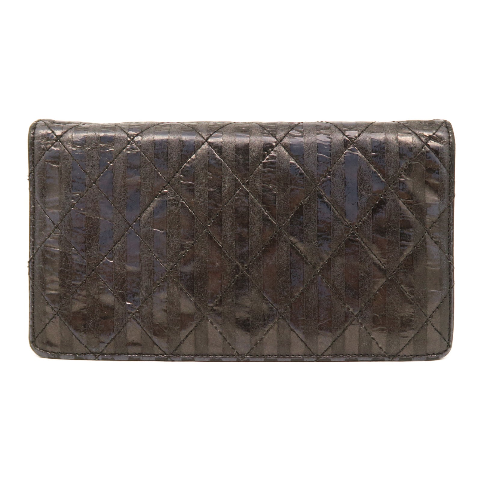 CHANEL rhombic cowhide leather 2.55 Long Wallet silver buckle long wallet black