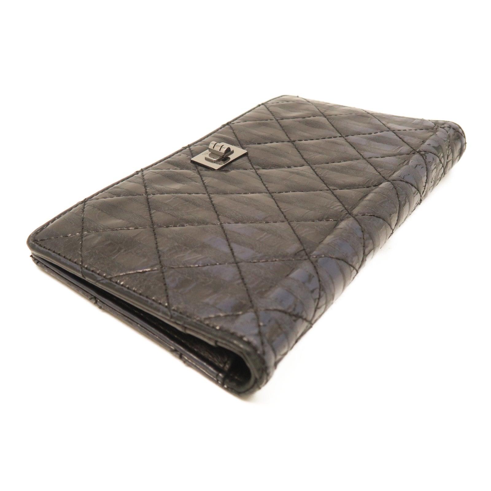 CHANEL rhombic cowhide leather 2.55 Long Wallet silver buckle long wallet black