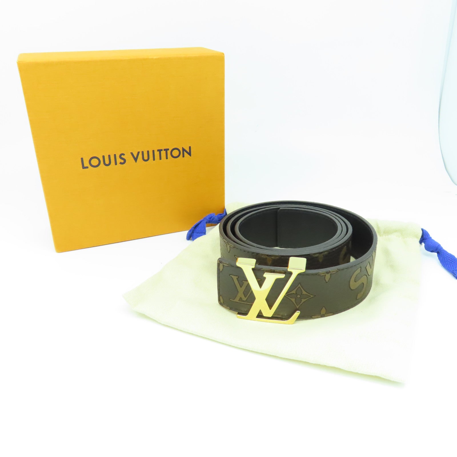 LOUIS VUITTON 牛皮皮革Supreme Belt金扣皮帶啡色