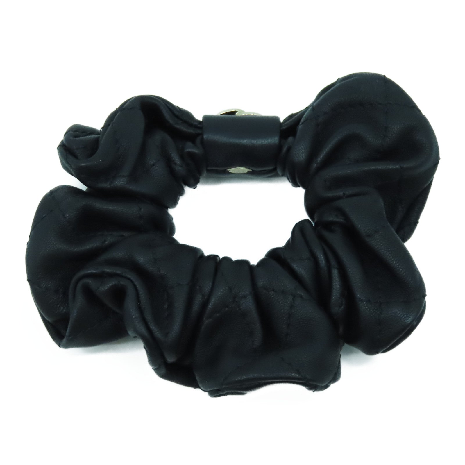 CHANEL 菱格皮革Hair Tie金扣髮圈黑色