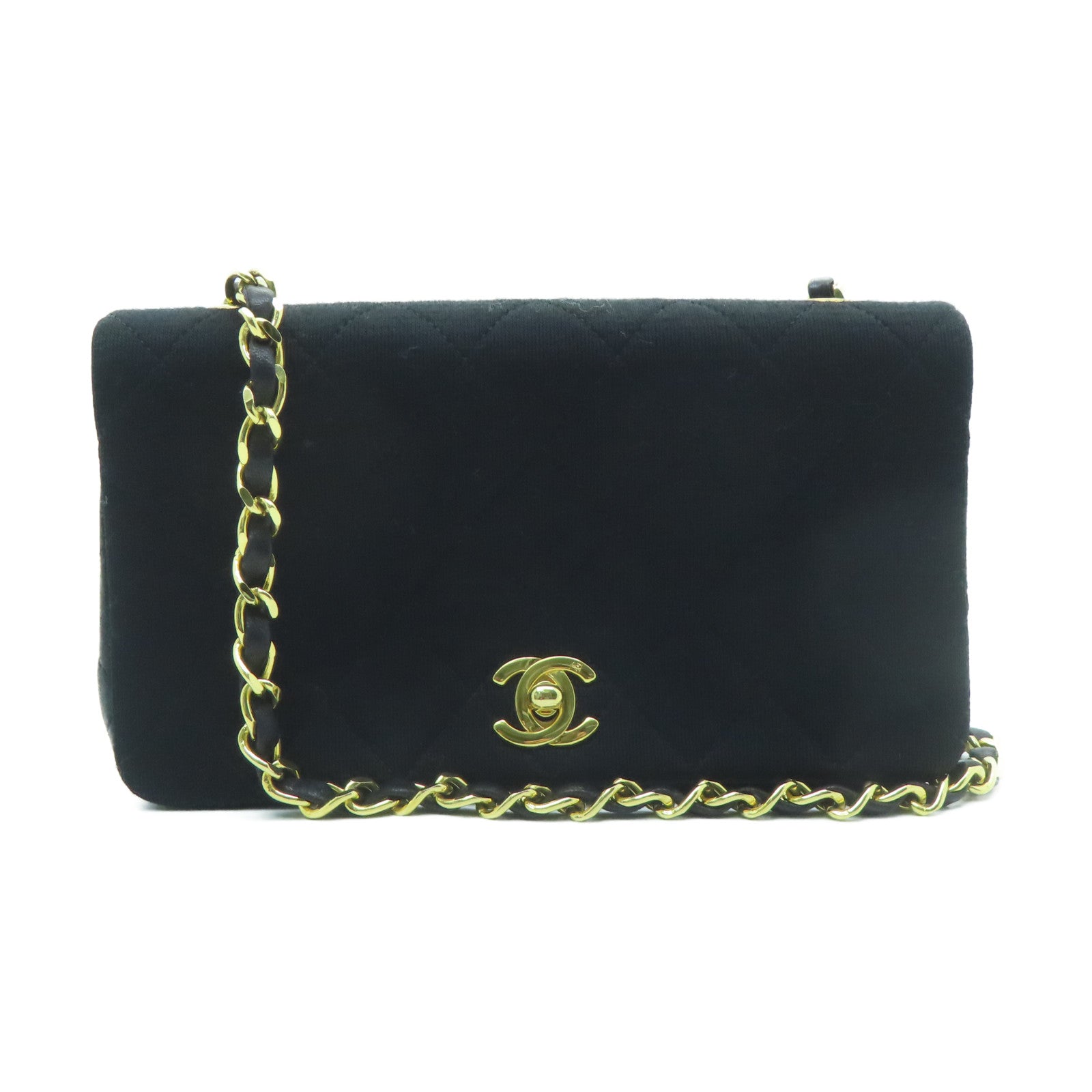 CHANEL diamond fabric / sheepskin leather Vintage 20cm gold buckle chain shoulder bag black