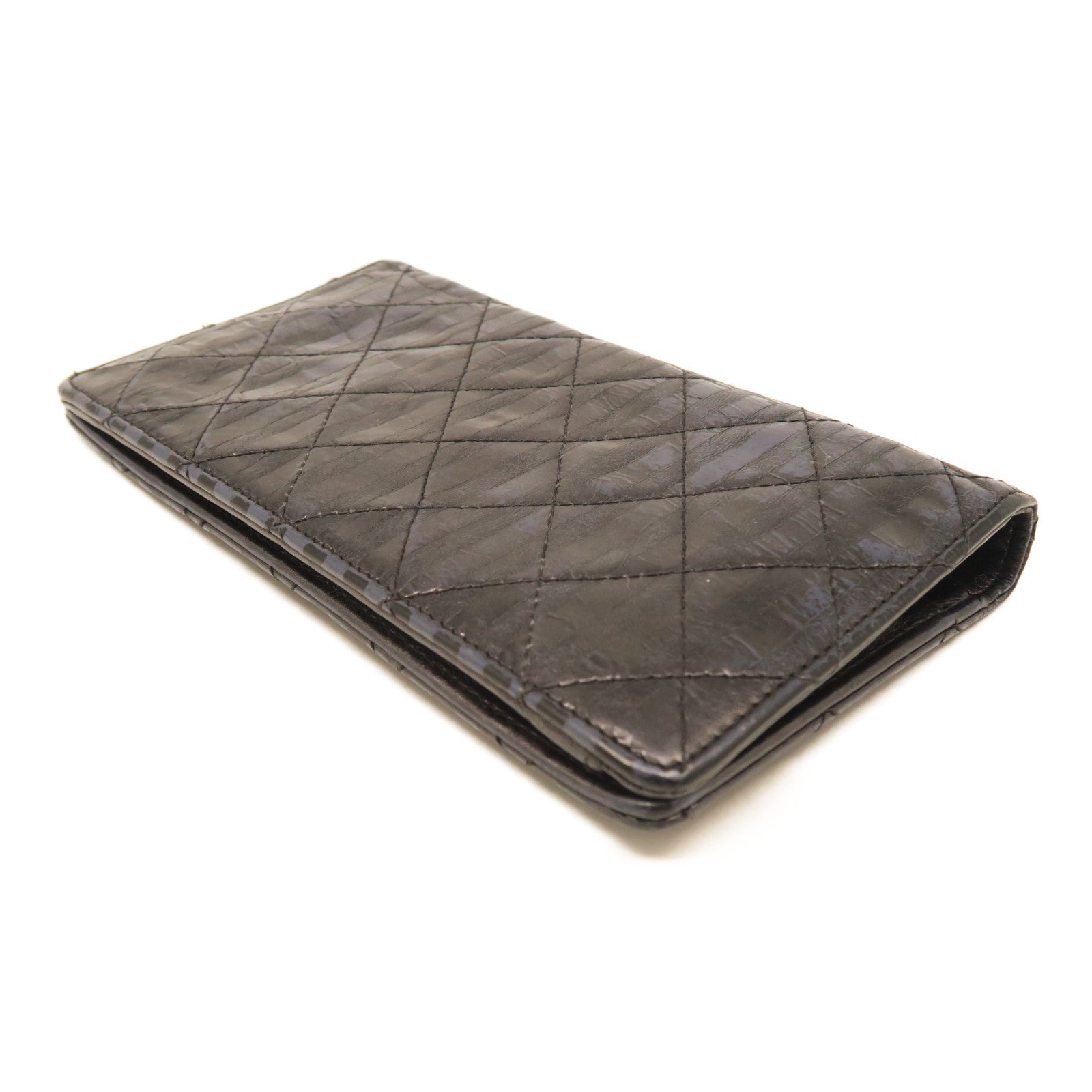 CHANEL rhombic cowhide leather 2.55 Long Wallet silver buckle long wallet black