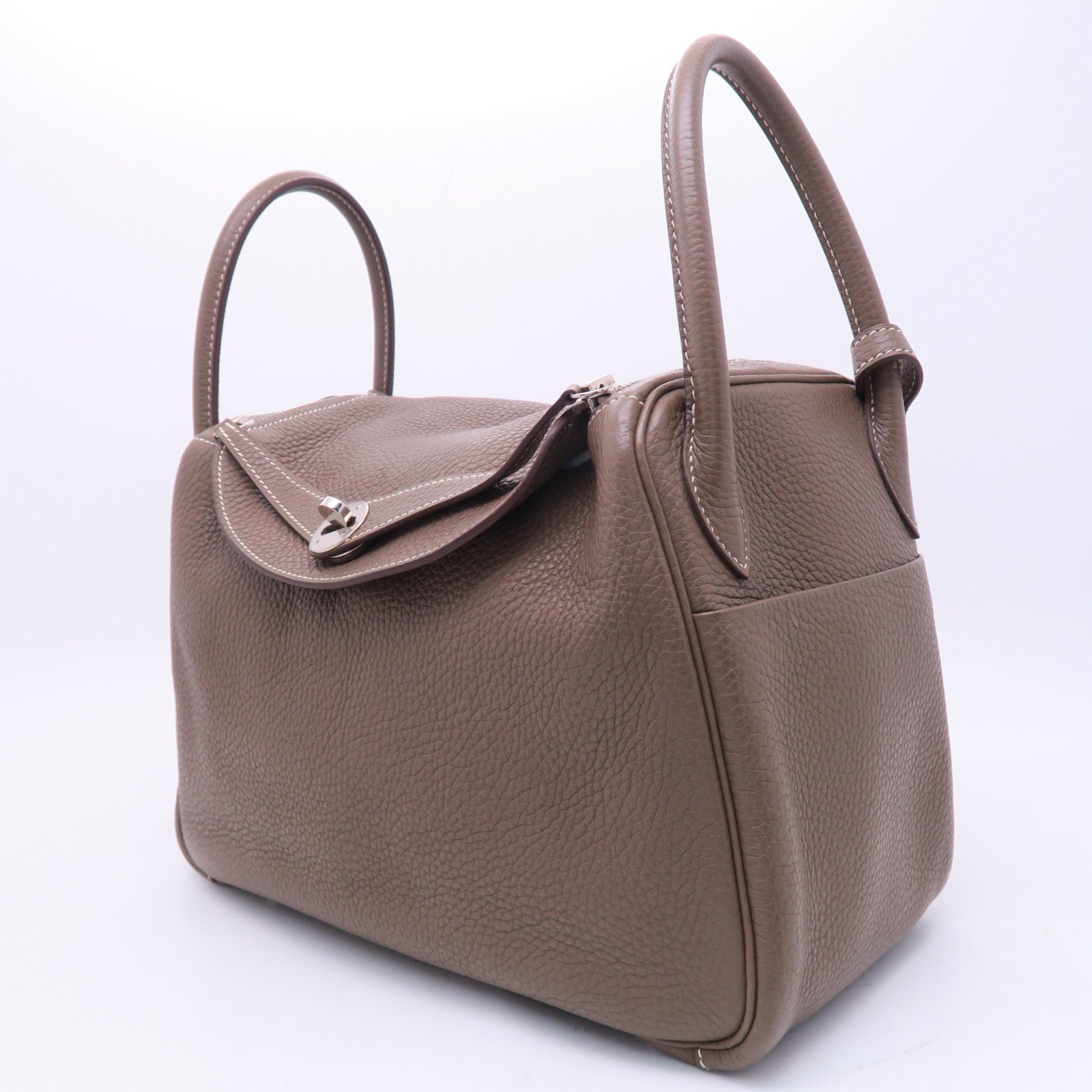 HERMES Clemence皮革Lindy 30銀扣肩背袋大象灰色