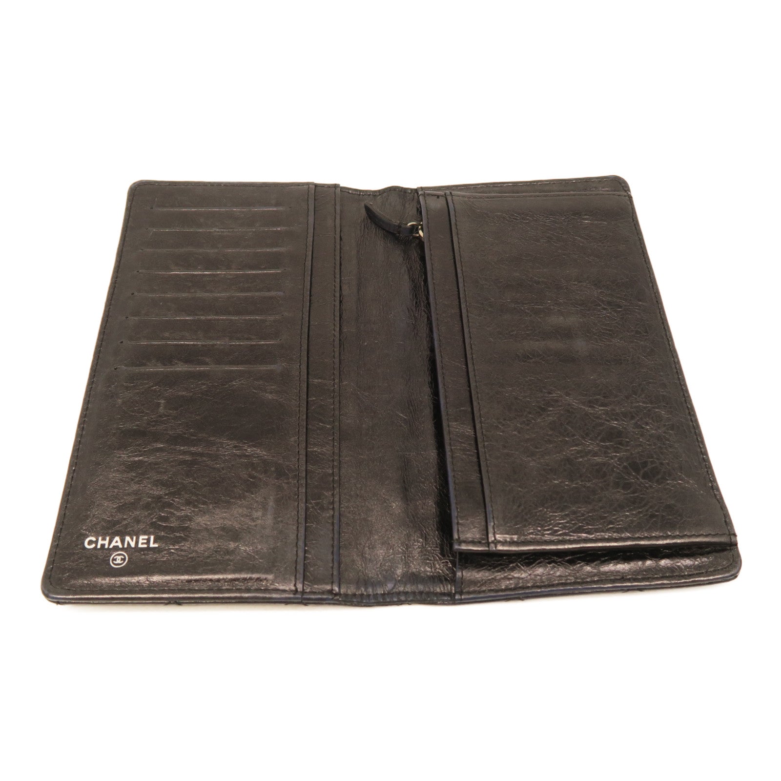 CHANEL rhombic cowhide leather 2.55 Long Wallet silver buckle long wallet black