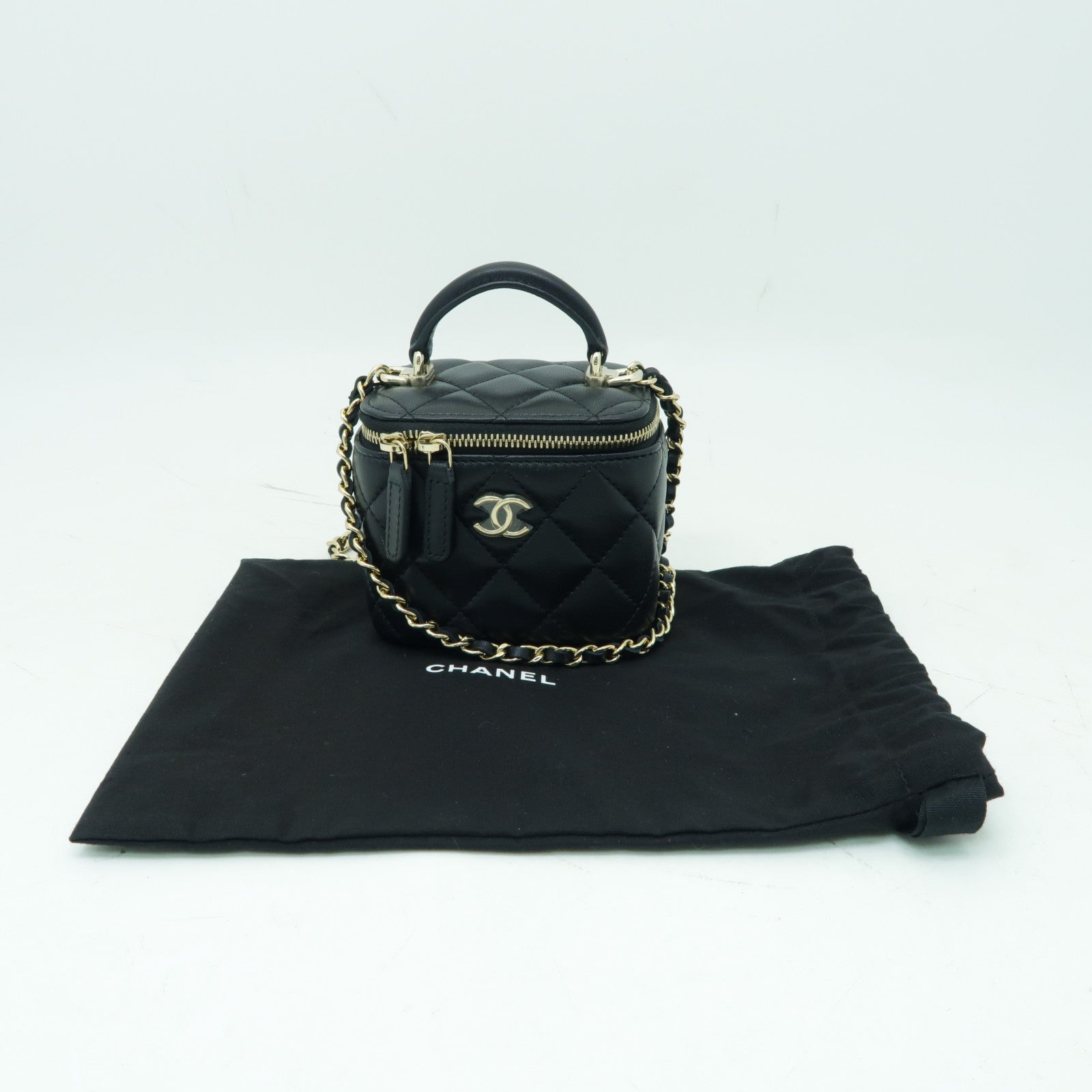 CHANEL 菱格羊皮皮革Chain Shoulder金扣鏈帶肩背袋黑色