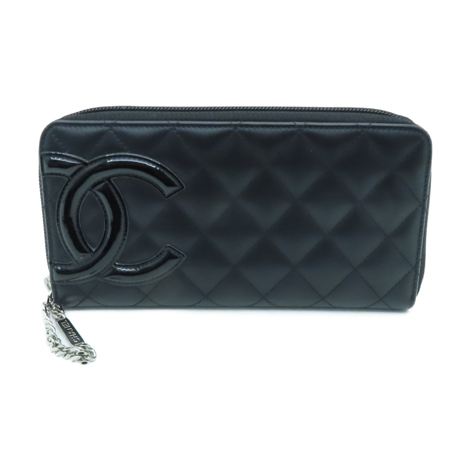 CHANEL Cowhide Leather Zipper Long Wallet Silver Buckle Long Wallet Black/Pink