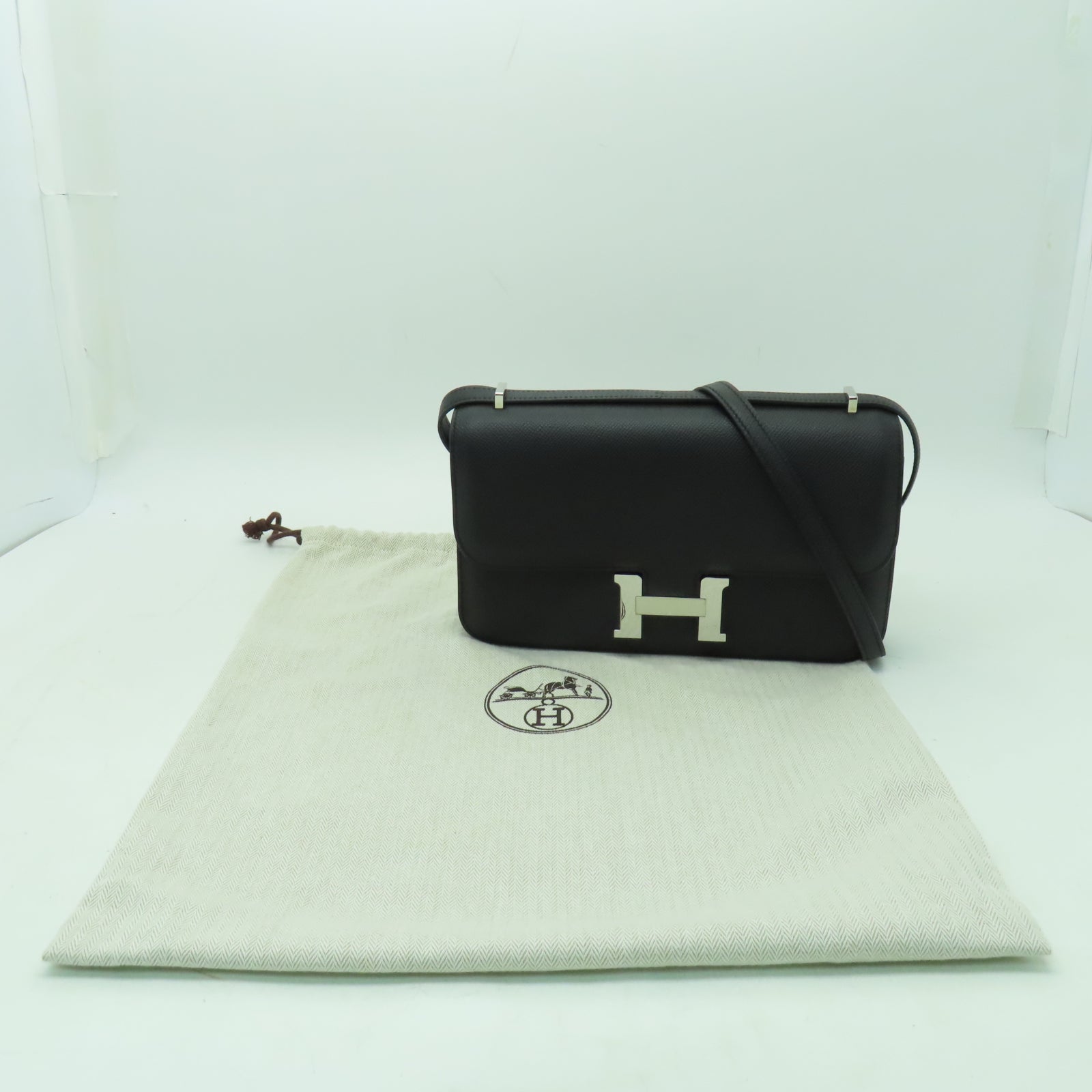 HERMES Epsom皮革Constance Elan銀扣肩背袋黑色