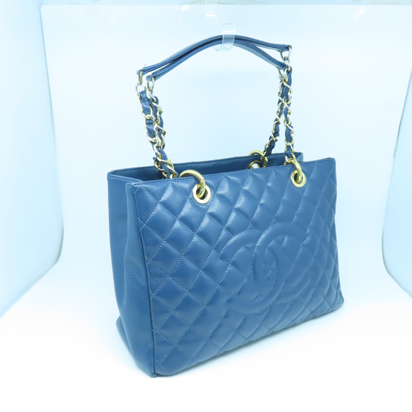 CHANEL 菱格Caviar皮革GST金扣鏈帶手挽袋藍色