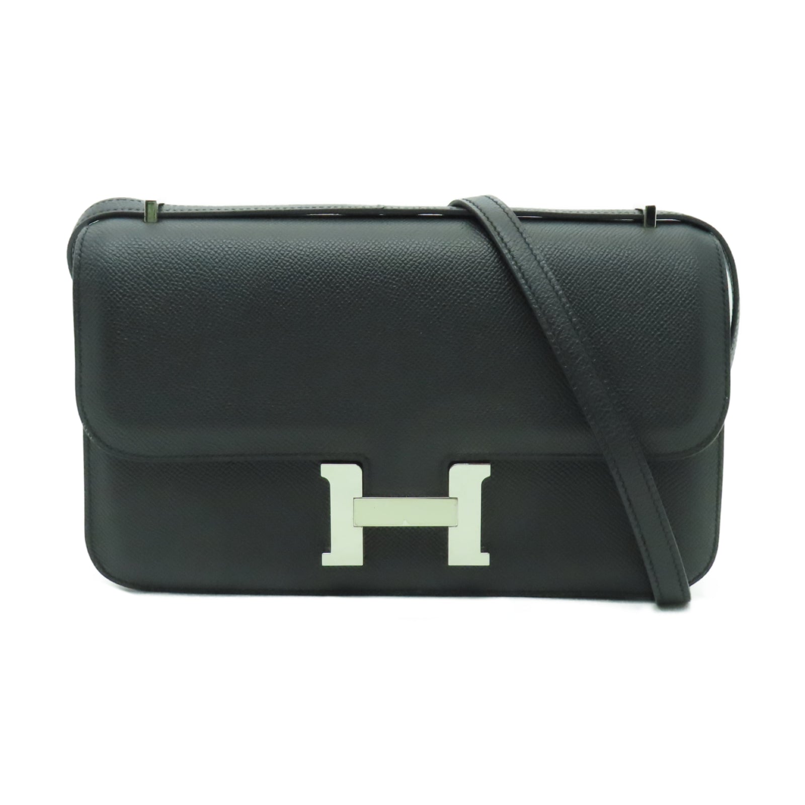 HERMES Epsom皮革Constance Elan銀扣肩背袋黑色