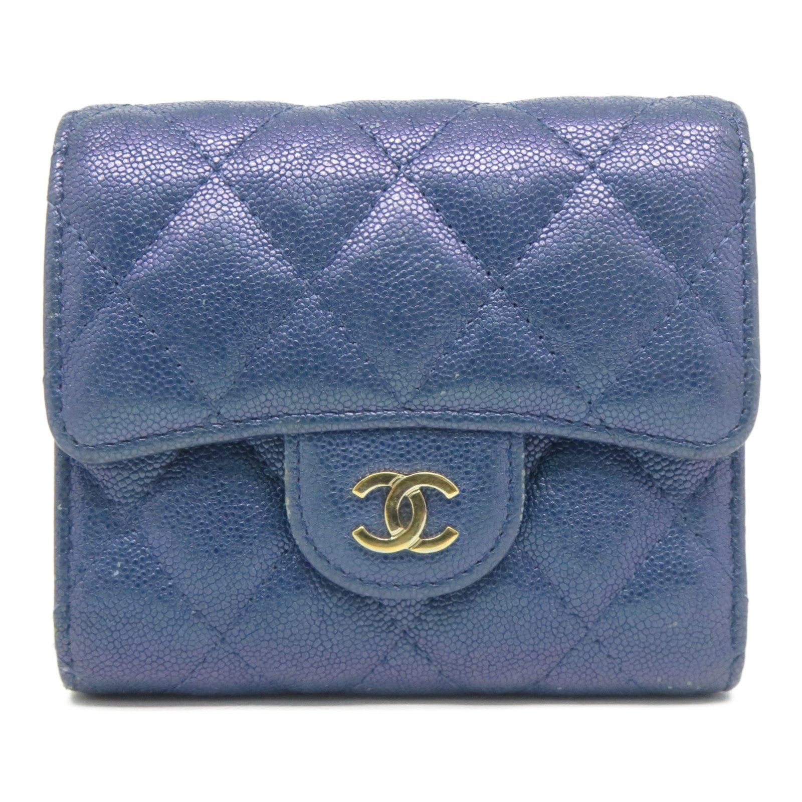 CHANEL 菱格牛皮皮革Wallet銀扣錢包藍色
