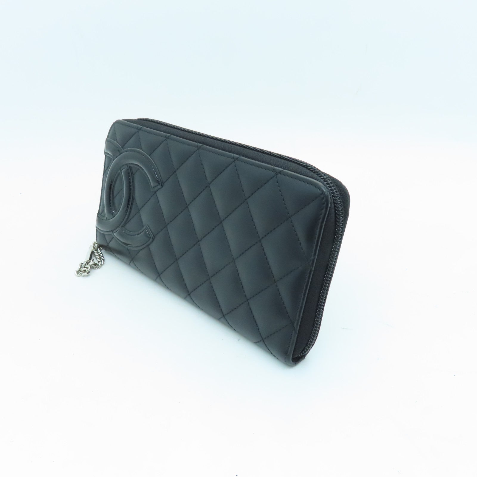 CHANEL Cowhide Leather Zipper Long Wallet Silver Buckle Long Wallet Black/Pink
