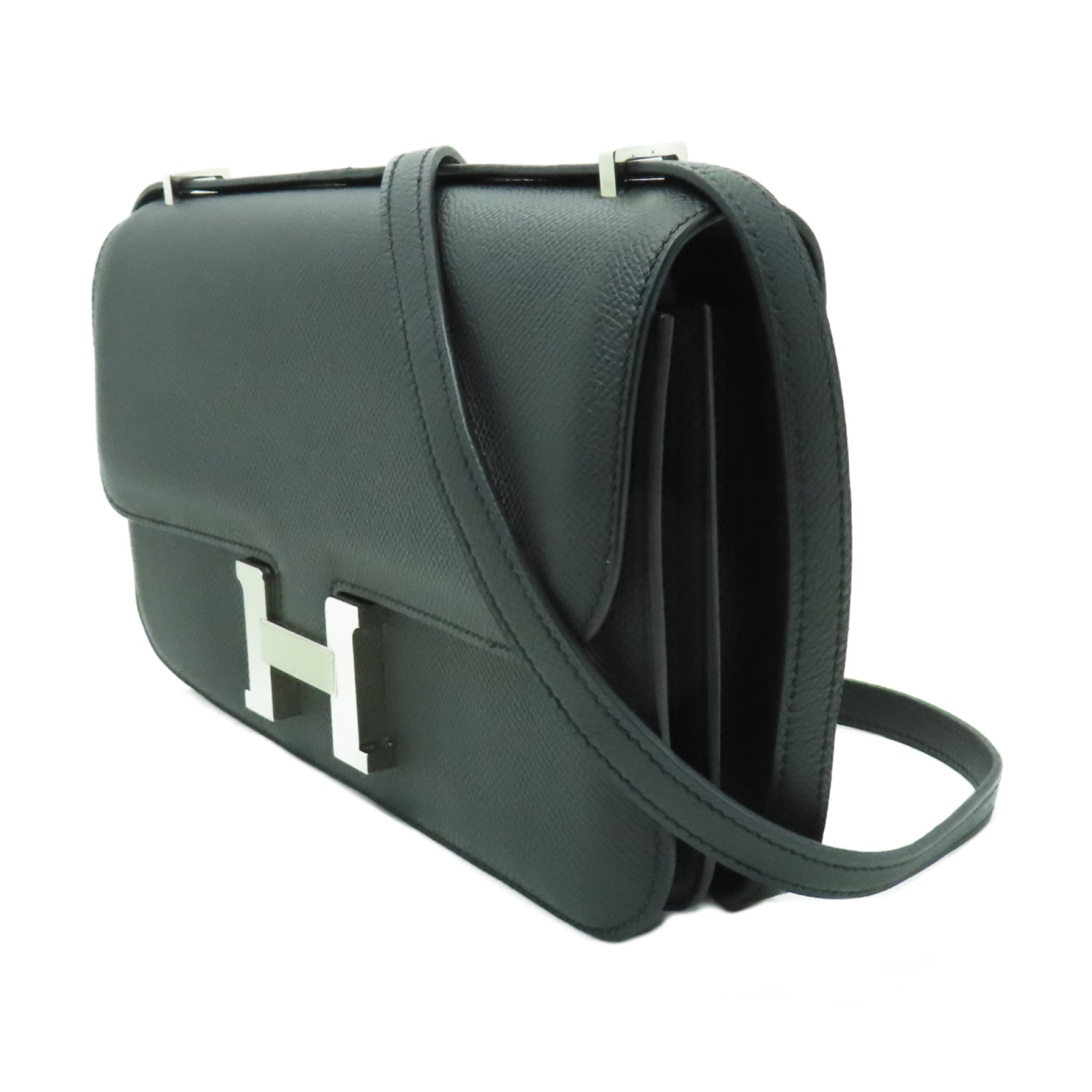 HERMES Epsom皮革Constance Elan銀扣肩背袋黑色