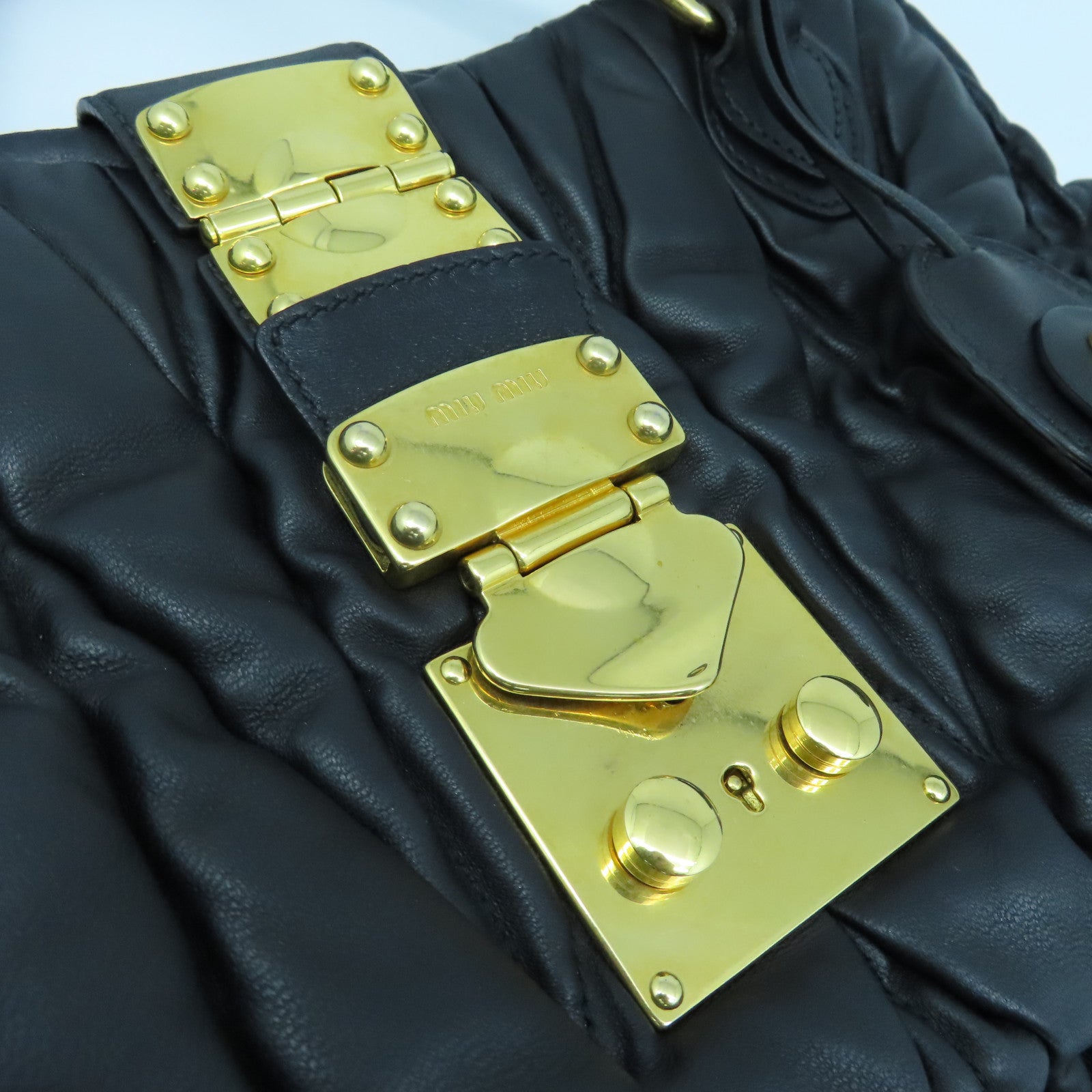 Miu Miu sheepskin leather Tote Bag gold buckle handle bag black