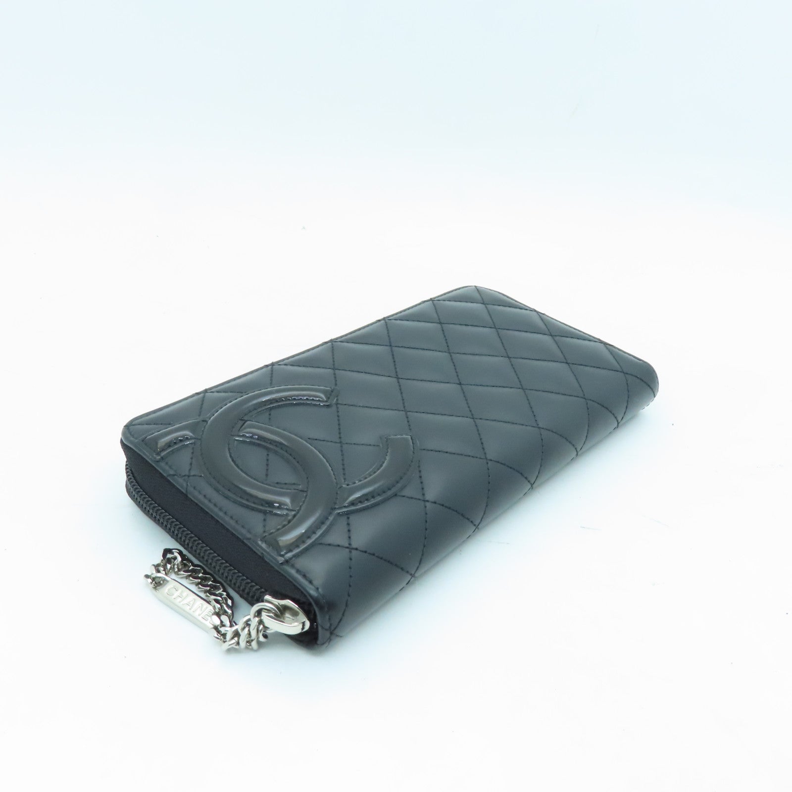 CHANEL Cowhide Leather Zipper Long Wallet Silver Buckle Long Wallet Black/Pink