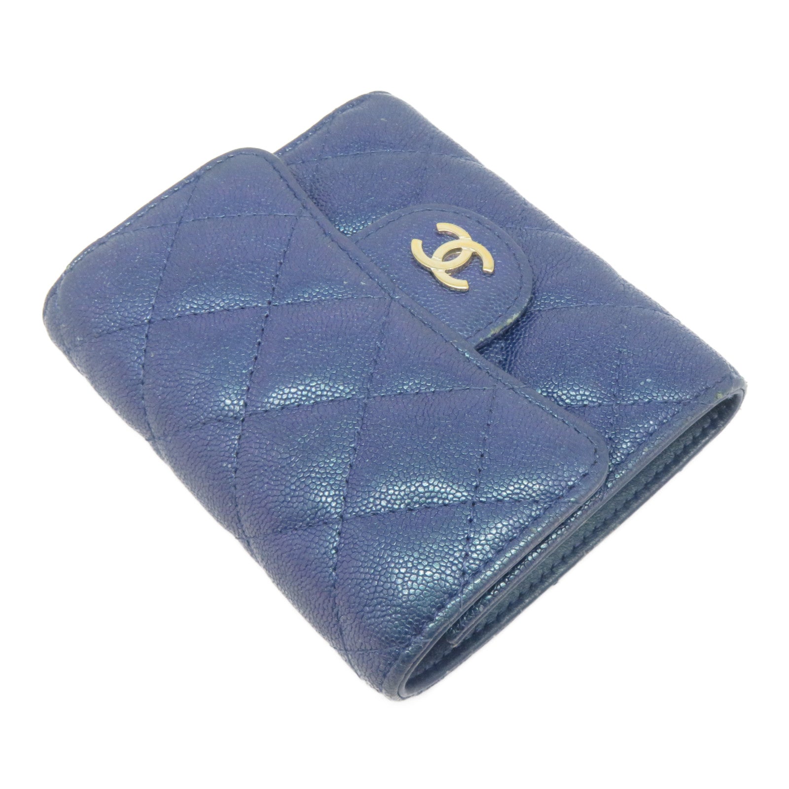 CHANEL 菱格牛皮皮革Wallet銀扣錢包藍色