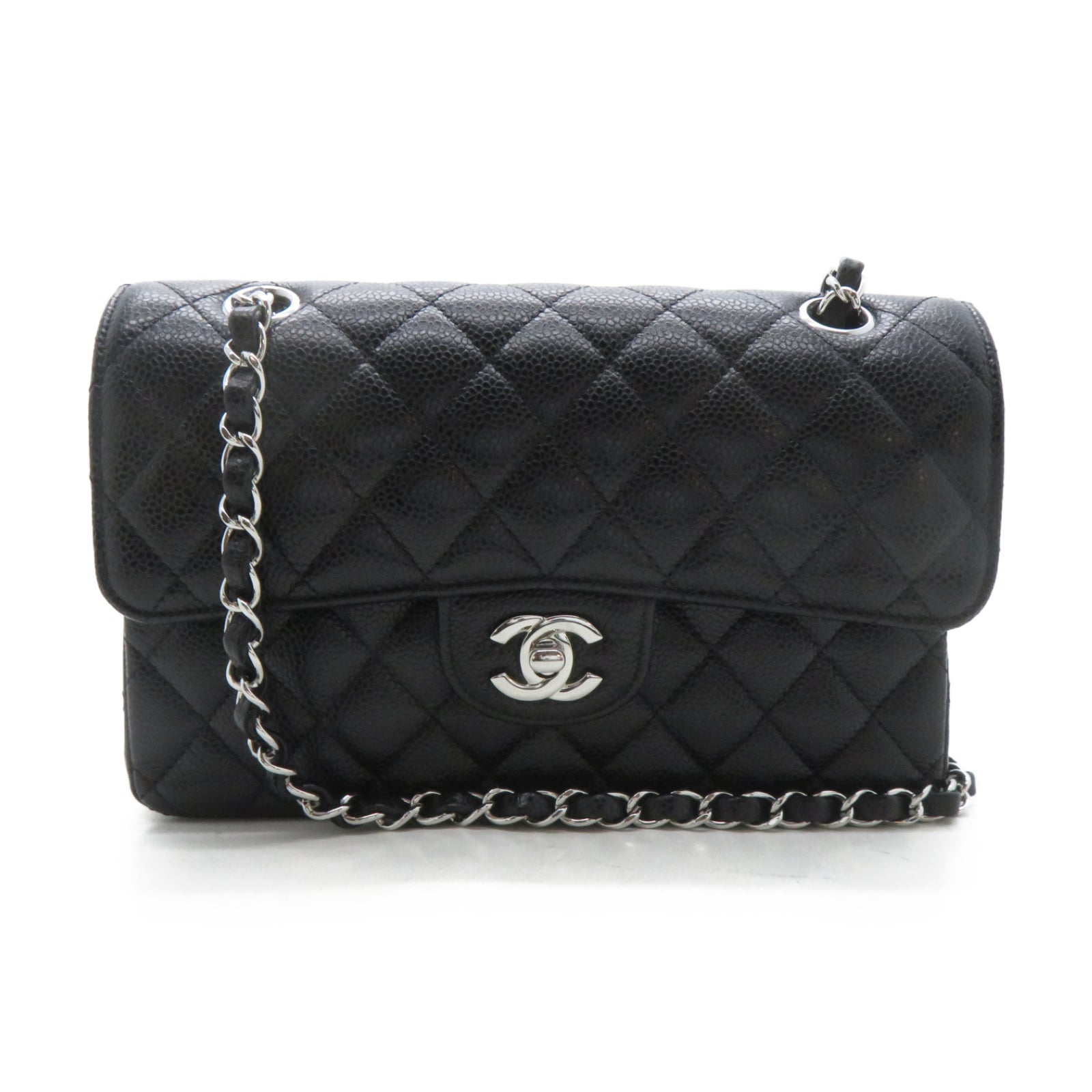 CHANEL 菱格Caviar皮革Classic 23cm銀扣鏈帶肩背袋黑色